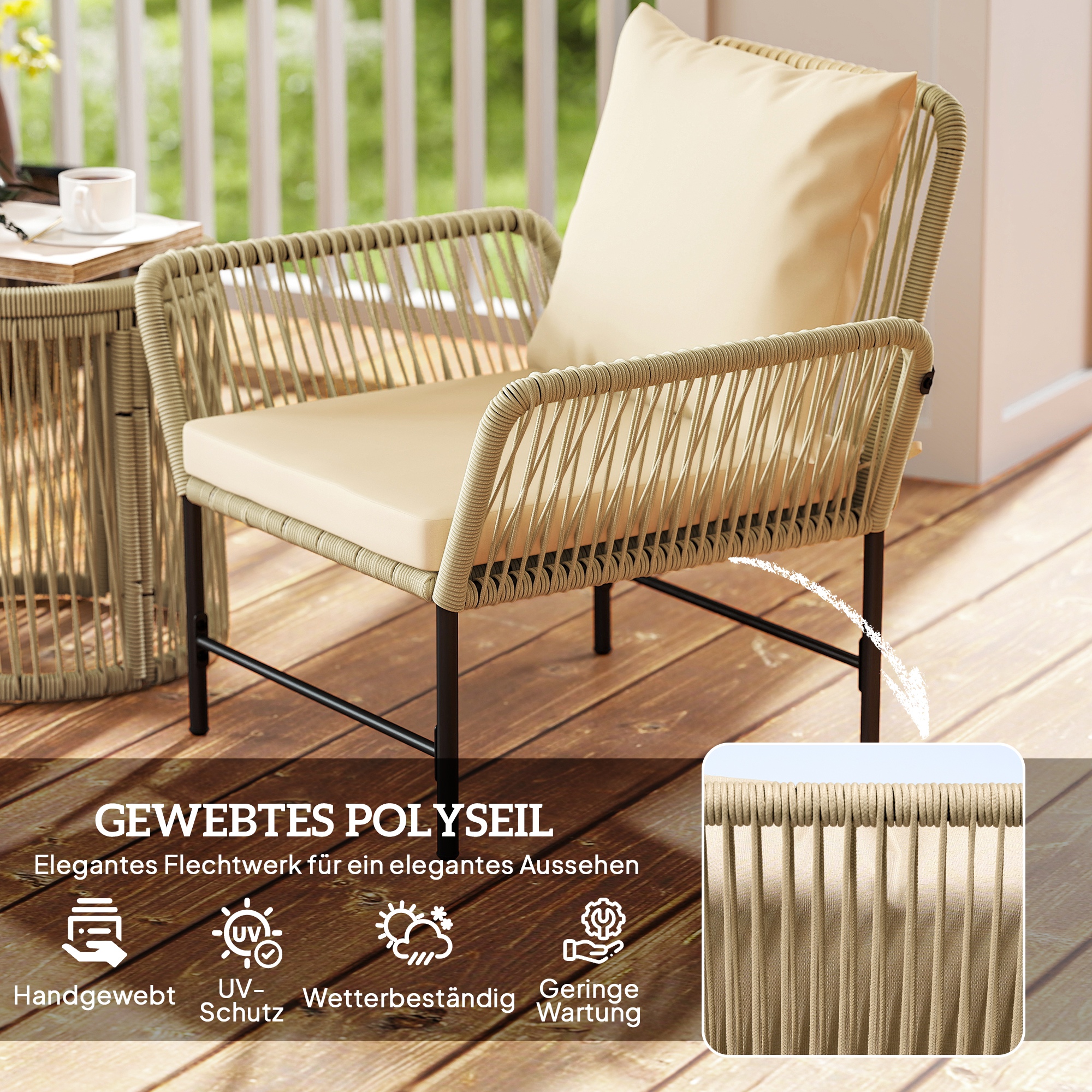 Polyrattan Gartenmöbel Set, Outdoor Balkonmöbel für 2 Personen, 3-teilig mit 2 Stühle, Beistelltisch Sitzkissen