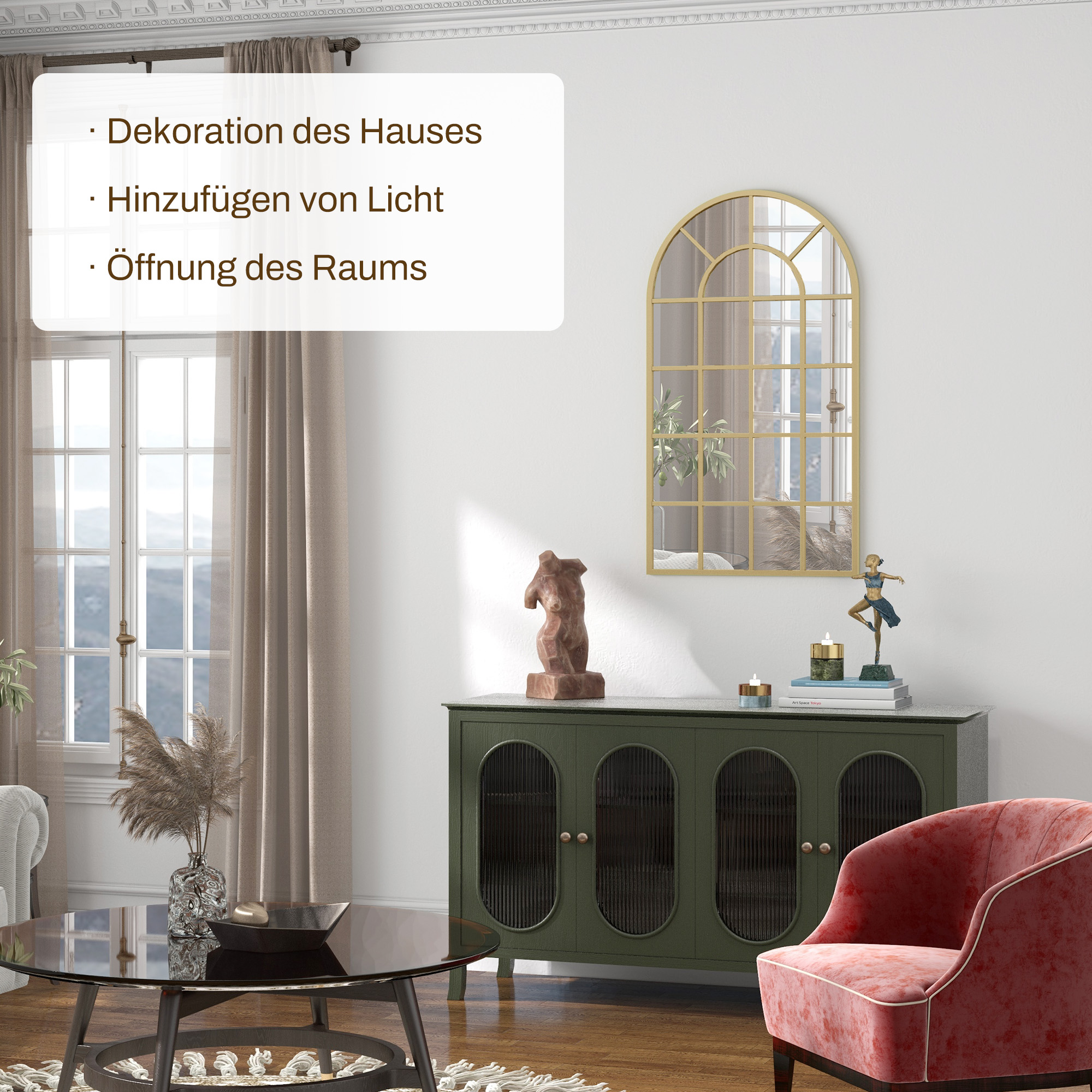 Wandspiegel, Fenster-Design, Flurspiegel, Metallrahmen, 110 x 65 cm, Gold