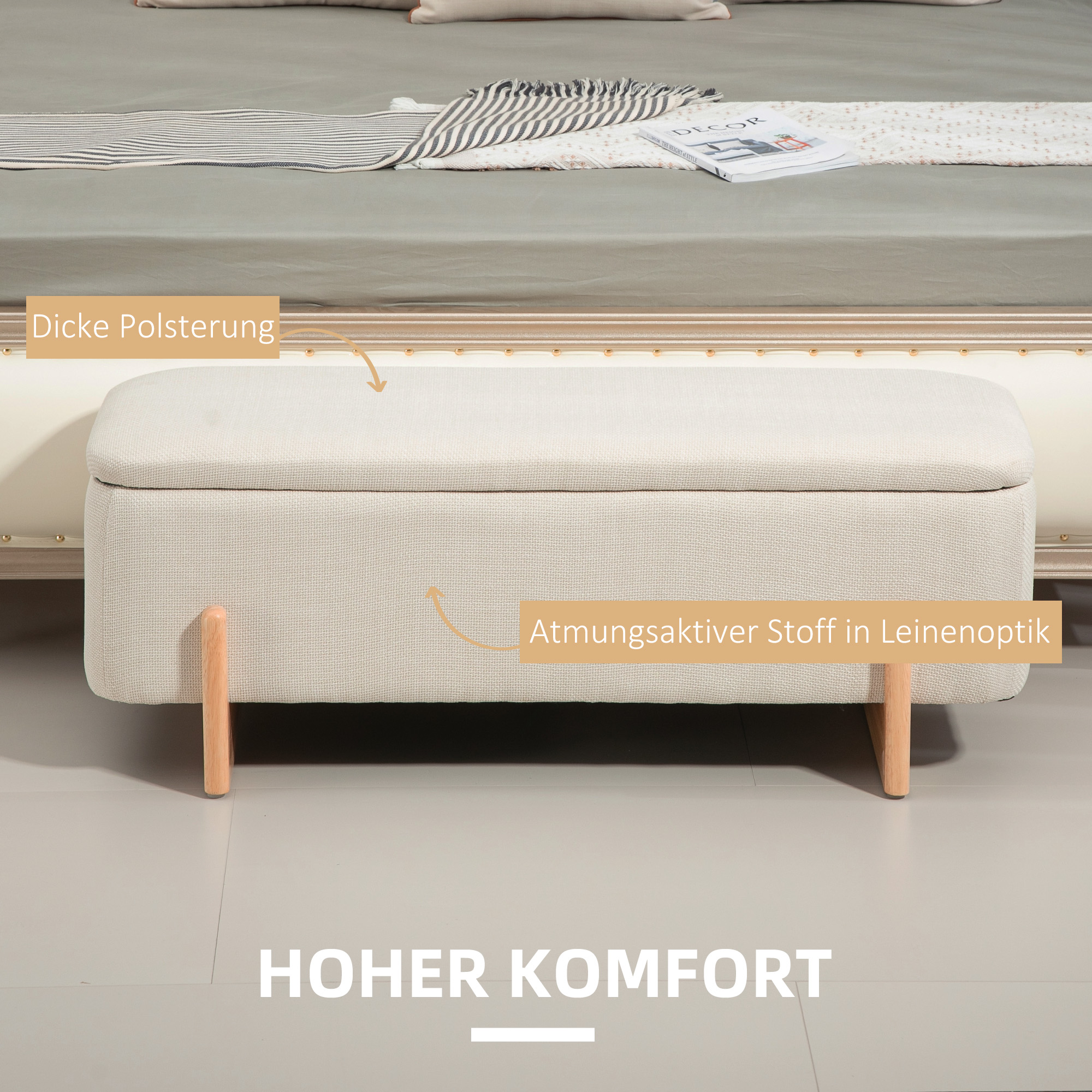 Hocker mit Stauraum, Sitzbank mit Schaumstoffpolsterung, Leinenimitat, 111 x 44 x 44,5 cm, Cremeweiß