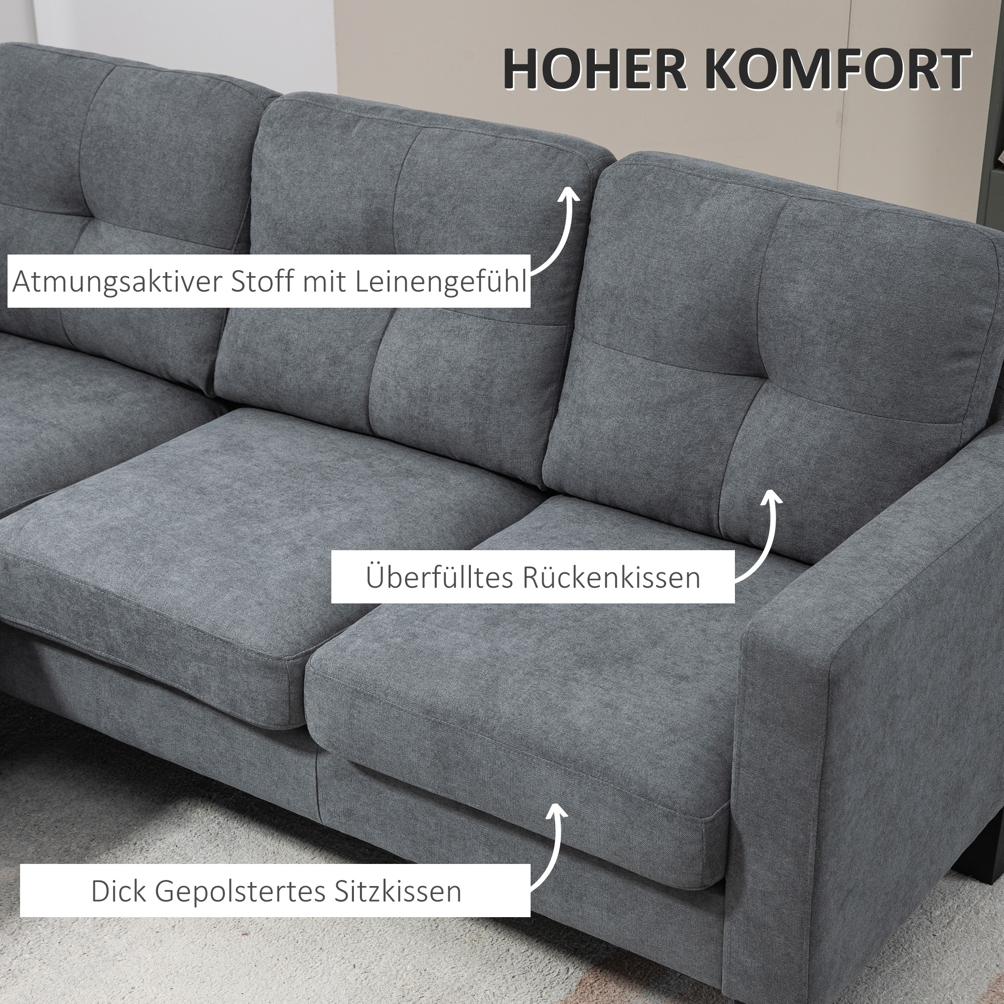 Ecksofa in L-Form, beidseitig anbringbare Chaiselongue, Polstersofa, Dunkelgrau