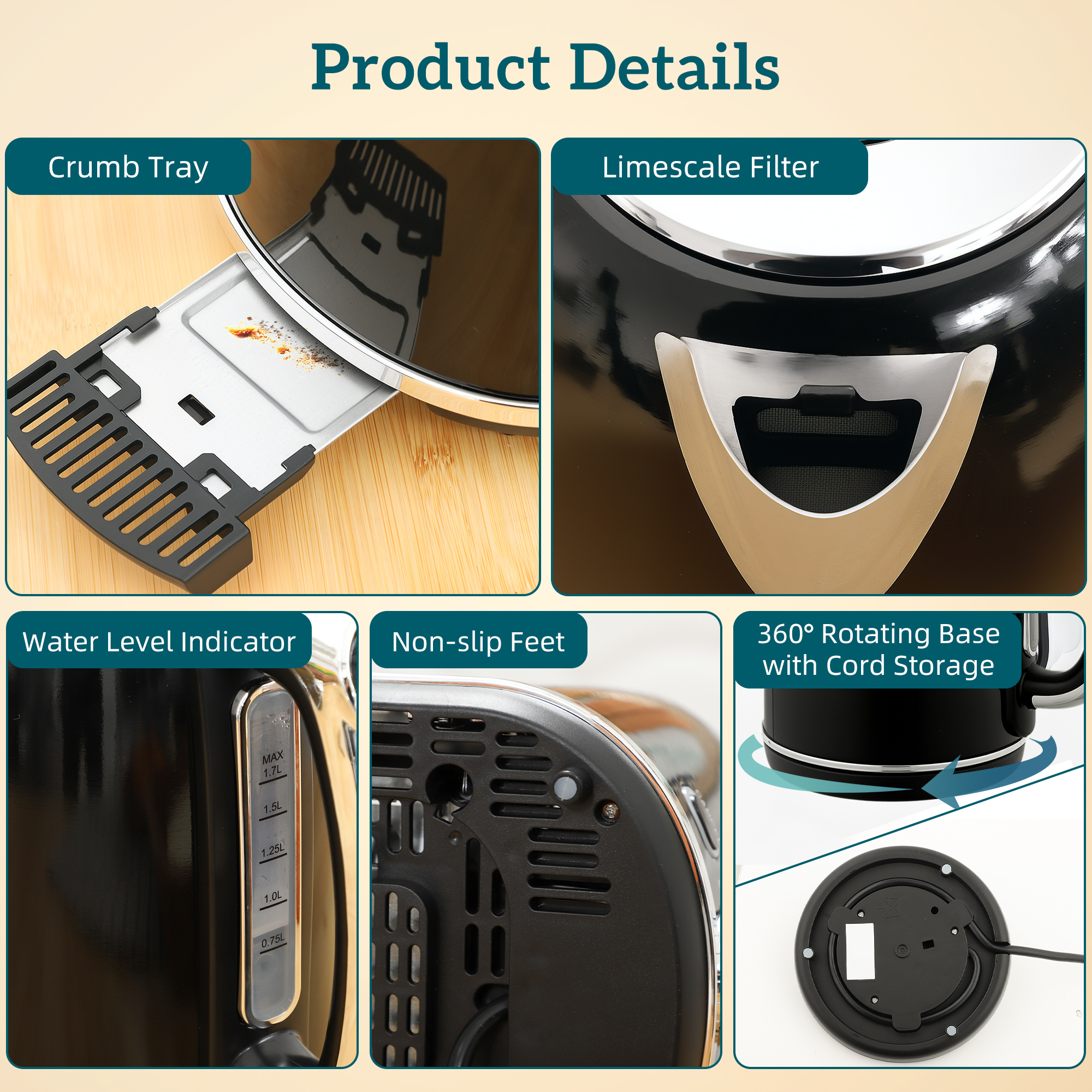 Wasserkocher- und Toaster-Set, LED-Anzeige, 1,7 Liter, 2200W, Retro-Design, Memory-Funktion, Schwarz