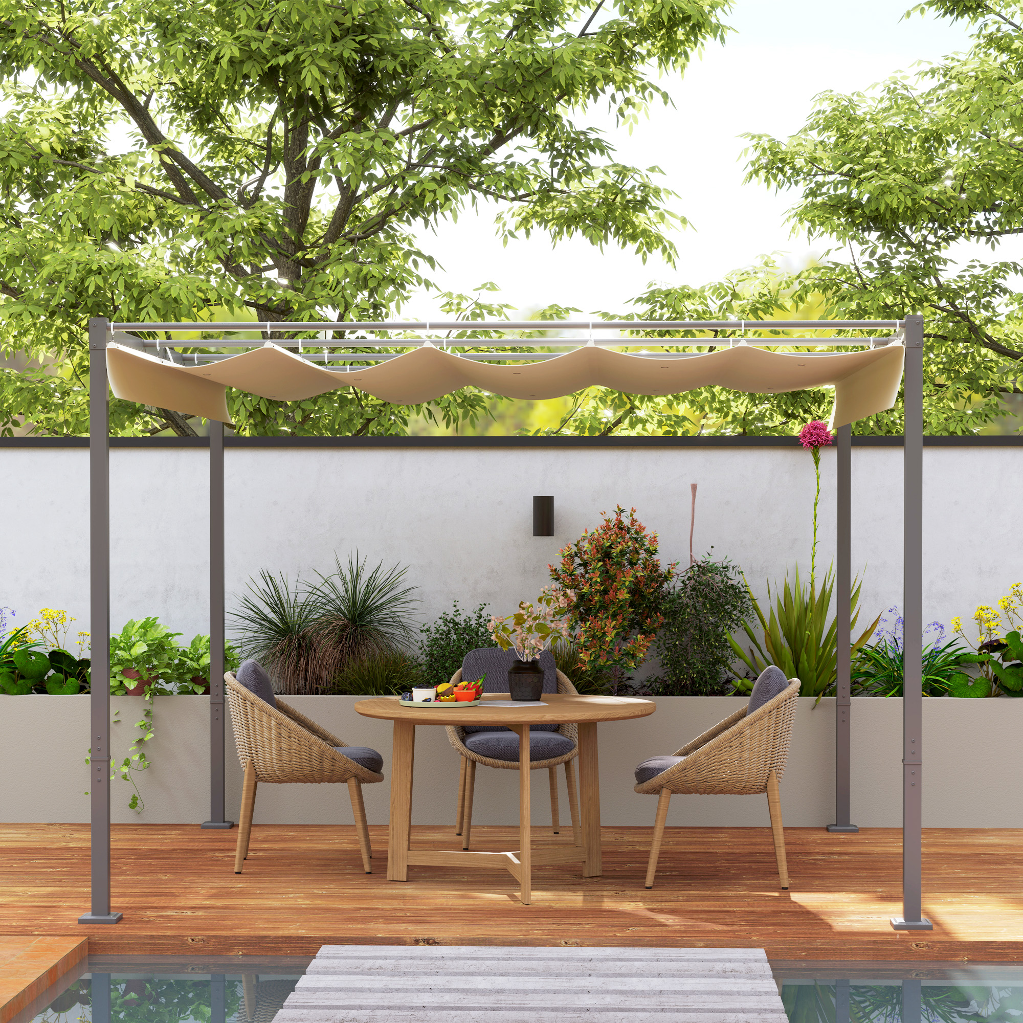 3 x 3 m Garten-Pergola mit einziehbarem Dach, Pavillon, Baldachin für Schatten, UPF30+, Beige