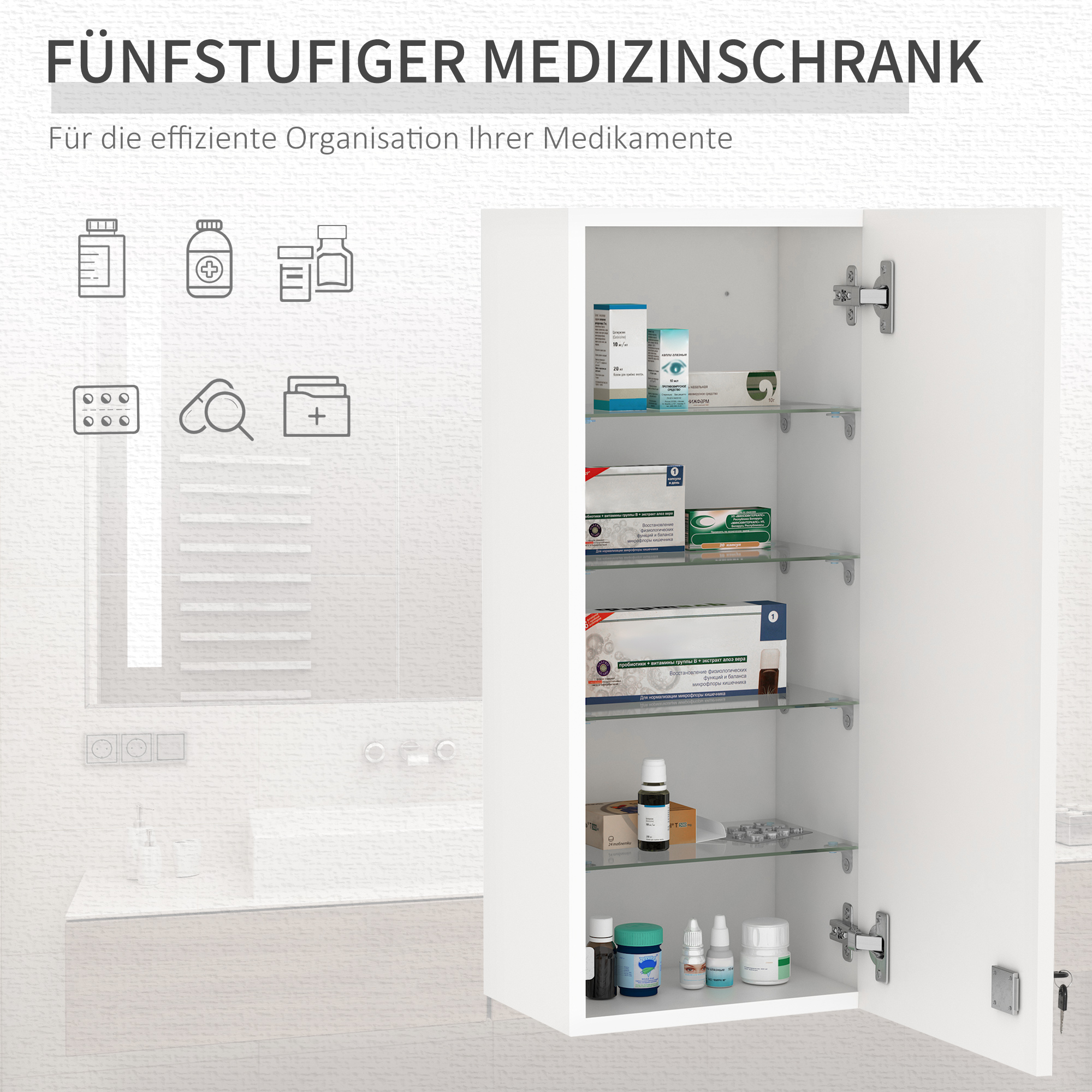 Medizinschrank Arzneischrank Wandschrank Hängeschrank mit verstellbarer Ablage Erste-Hilfe-Kreuz abschließbar für Badezimmer Küche Flur Weiß 30x20x70 cm