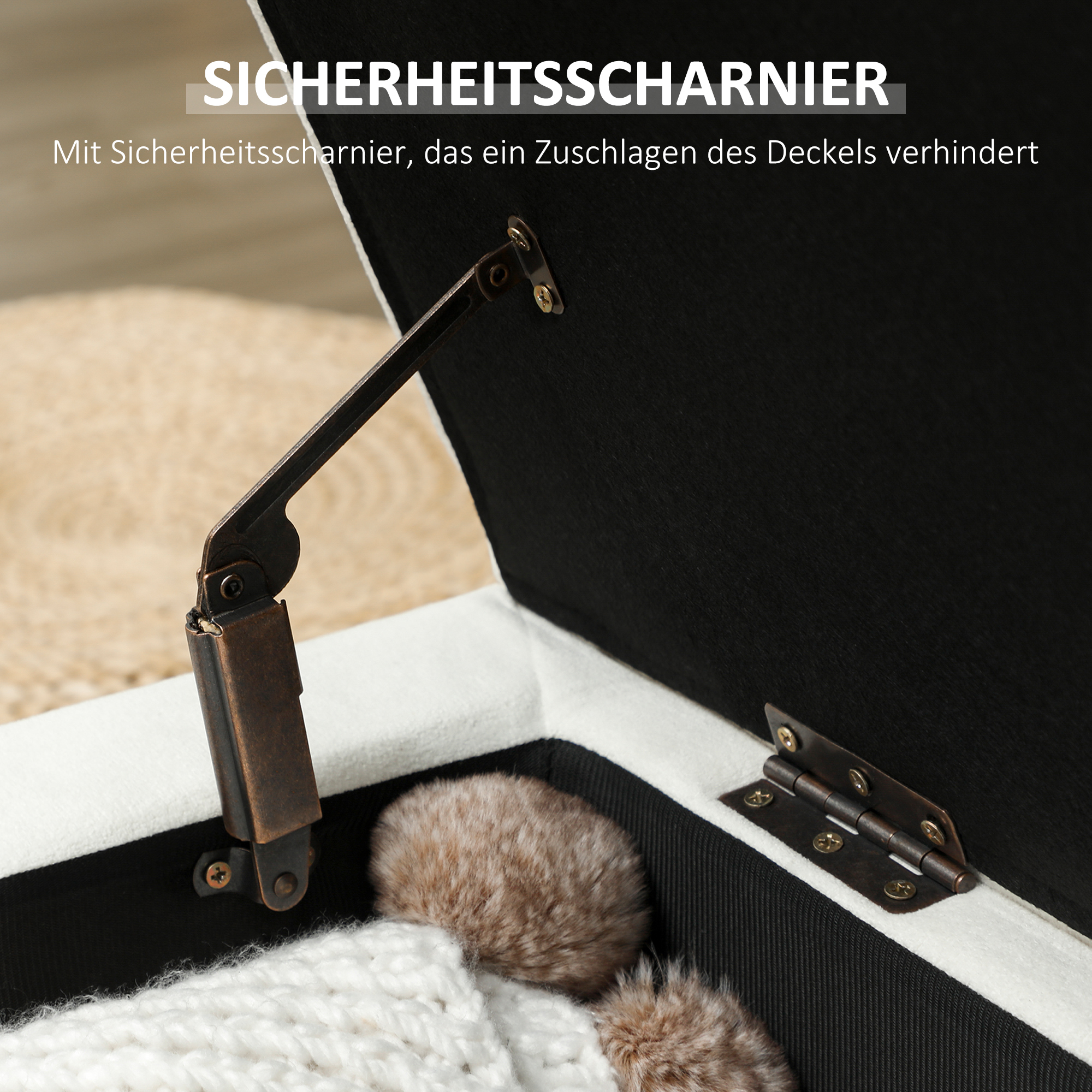 Polsterhocker mit Stauraum, Holzbeine, weicher Stoffbezug, Cremeweiß