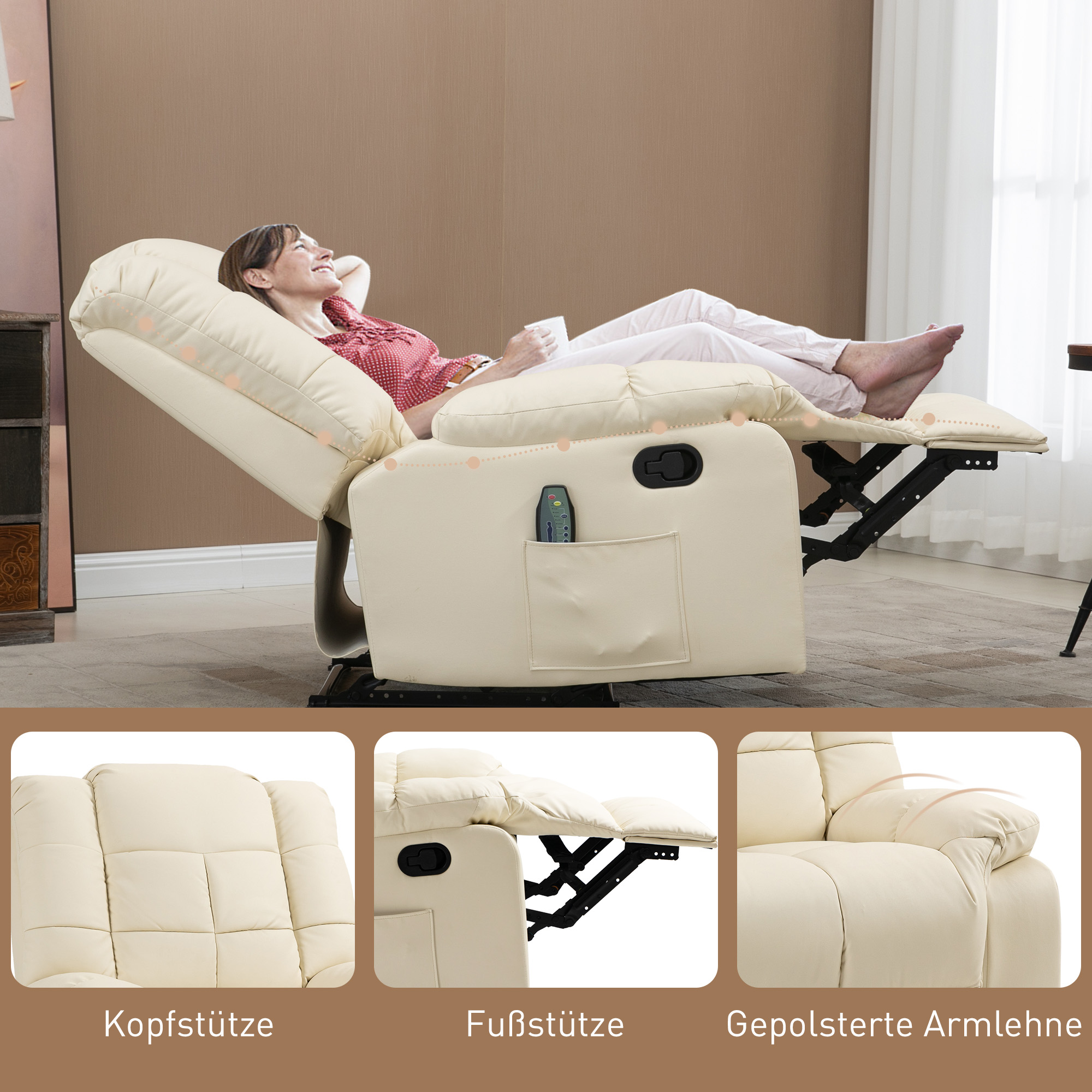 Massagesessel, Relaxsessel, 8 Vibrationspunkte, Liegefunktion, Kunstleder, cremeweiß, 94x99x99cm