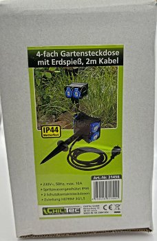 Gartensteckdose mit Erdspieß, 4-fach, IP44, 2m Kabel