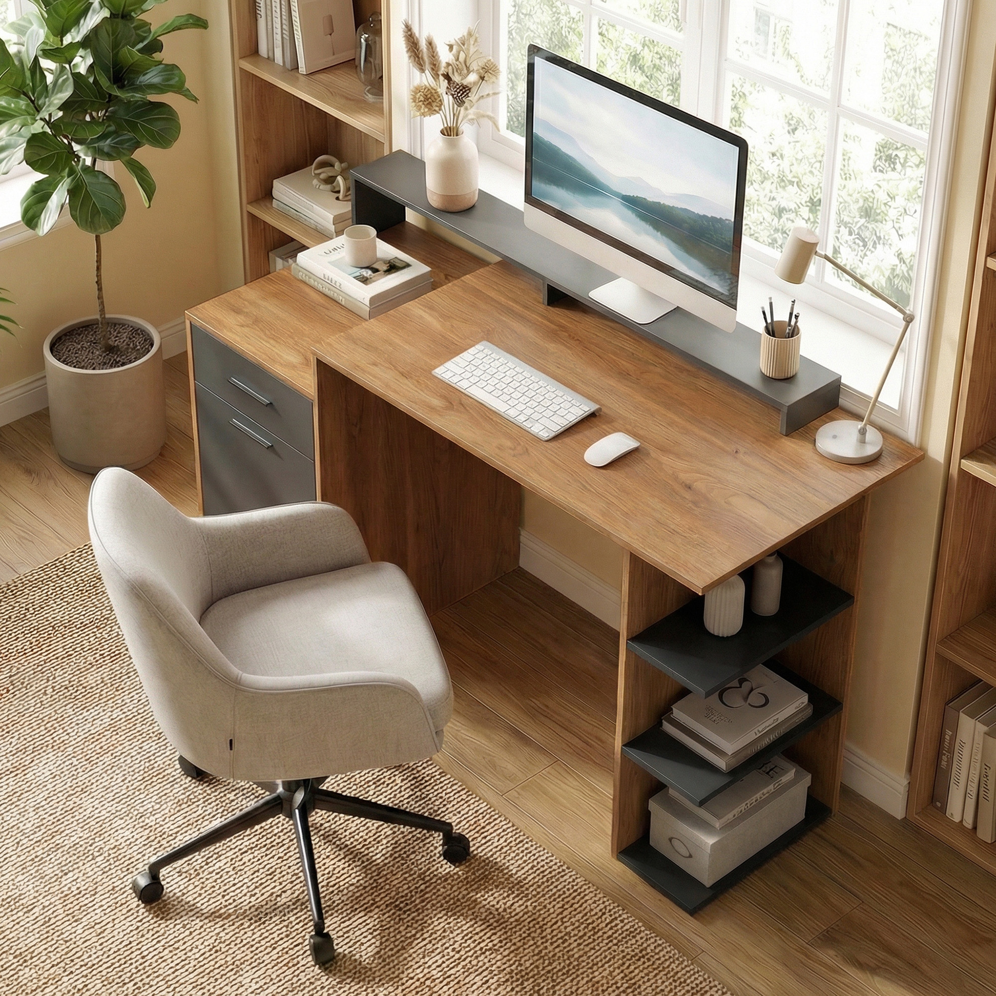 Computertisch mit Stauraum und Regalen, Moderner Schreibtisch für Büro und Arbeitszimmer, 140 cm, Eiche