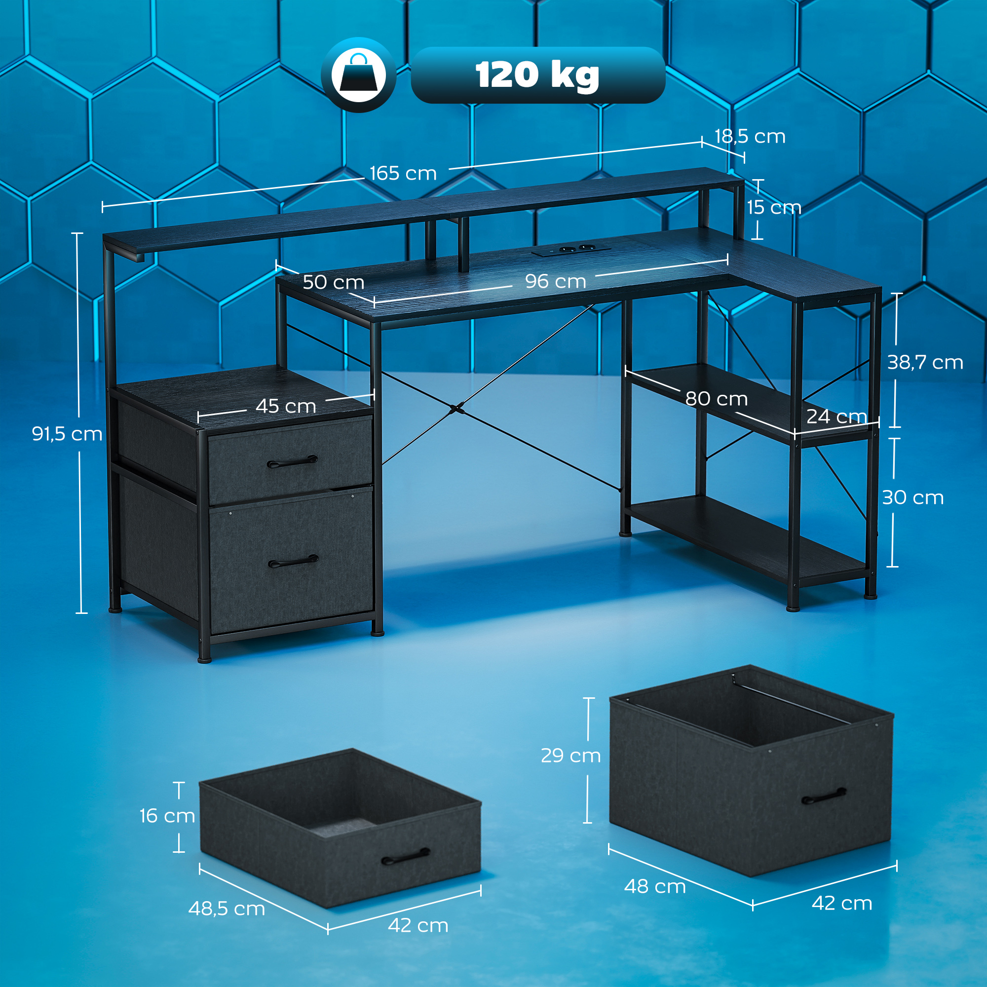 Gaming Tisch L-förmiger Schreibtisch mit LED & Steckdosen, mit Doppelmonitorständer, 165x80x91,5 cm, Schwarze Holzoptik