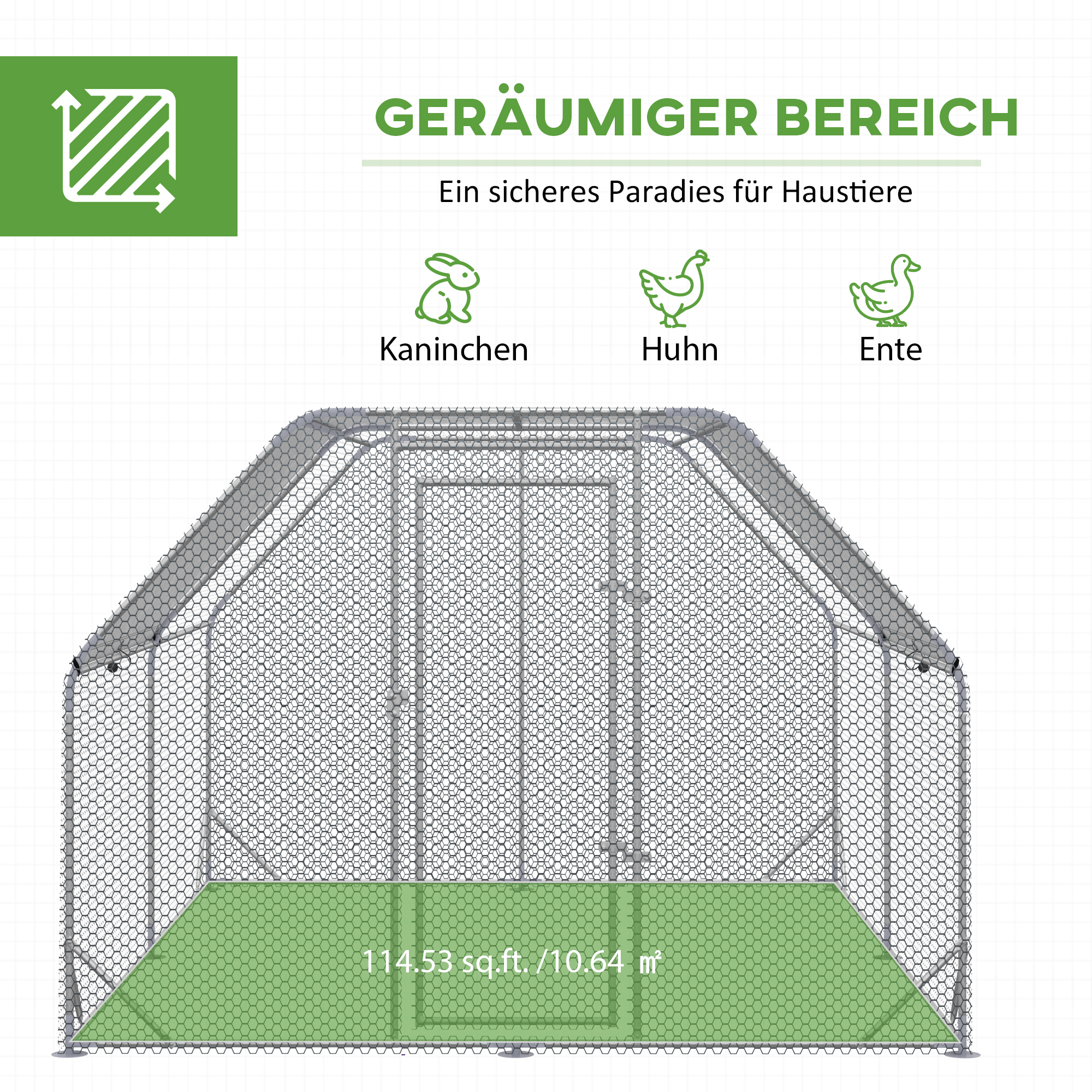 Hühnergehege Hühnerstall Hühnerauslauf, begehbar, verriegelbare Tür, für 10-12 Hühner, 280 cm x 380 cm x 195 cm, Grau