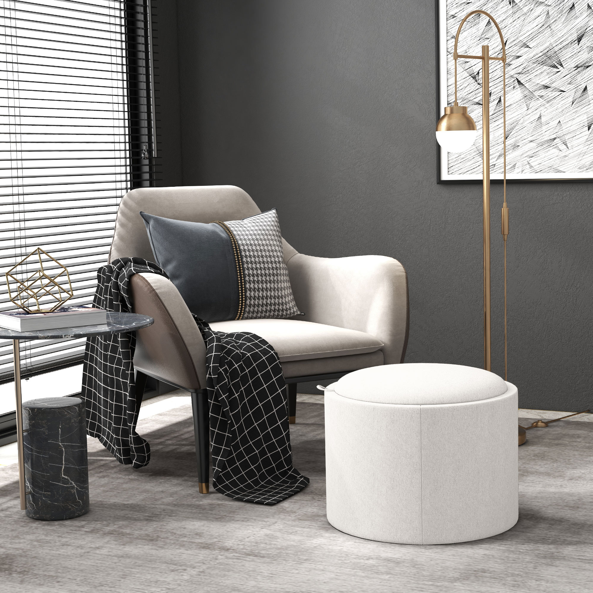 Hocker Polsterhocker, Leinen, versteckter Stauraum, umkehrbarer Deckel, 5 6cm x 56 cm x 42 cm, Creme + Natur