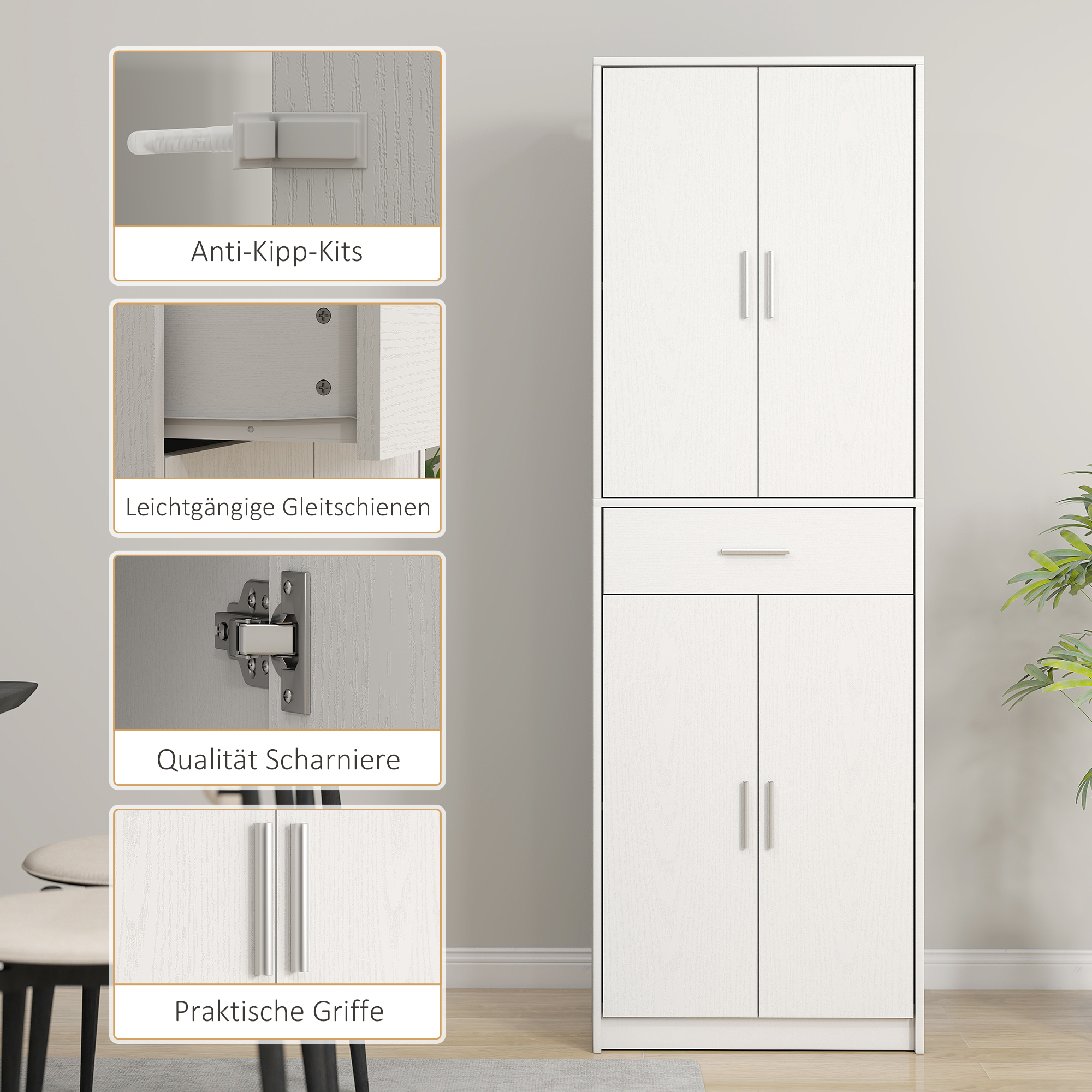 Küchenschrank, 3-stufig verstellbare Regale, Spanplatten, MDF, viel Stauraum, Weiß