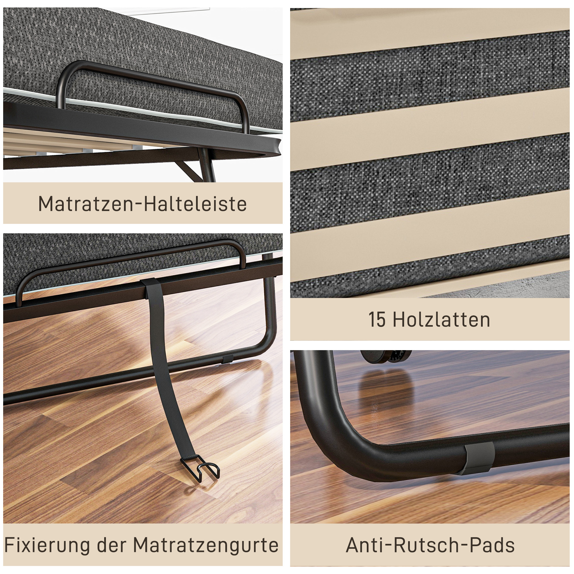 Klappbett, Matratze, 4 Rollen, Metallgestell, bis 150 kg, 190 x 80 x 42 cm, Dunkelgrau