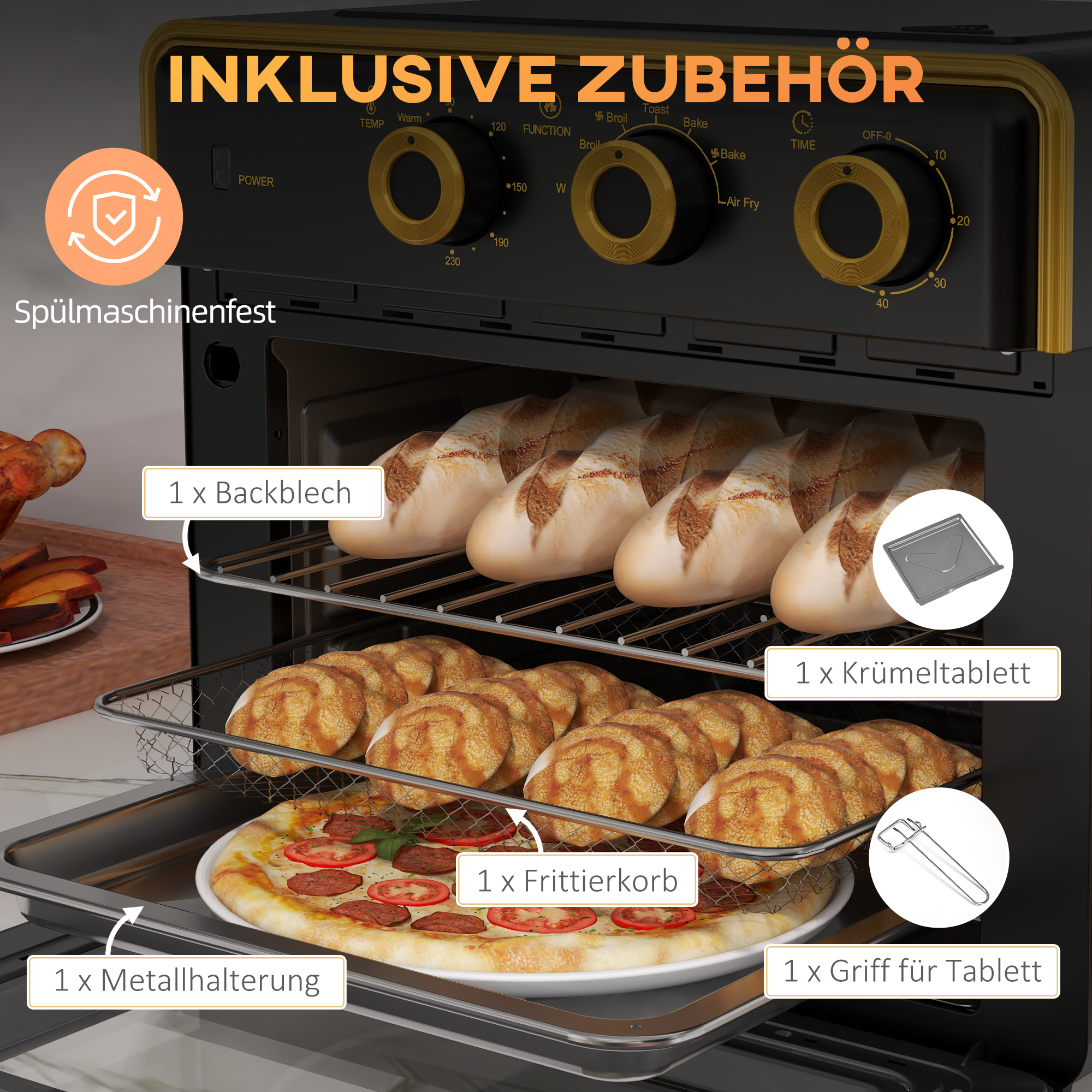 Mini-Backofen, 20 Liter, ölfreies Frittieren, Grillen, Backen, Umluft, 90-230° C, Timer, 1400W, schwarz+gold