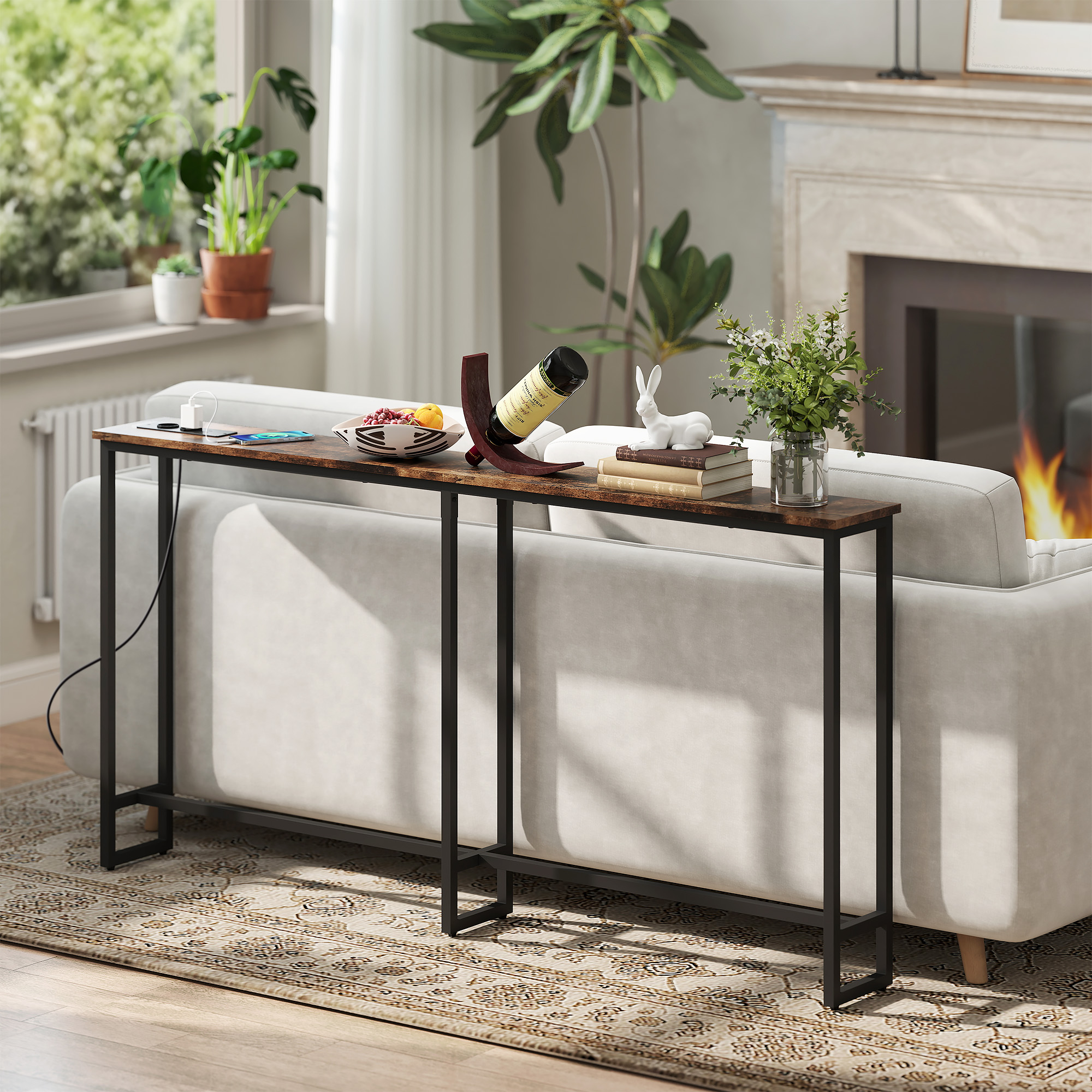 Konsolentisch mit Ladestation, Industriestil, Stahlrahmen, Braun