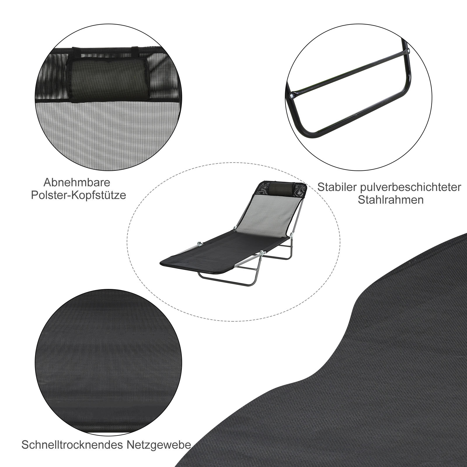 Sonnenliege klappbar Gartenliege mit Kopfkissen Liegestuhl verstellbar mit 5-Fach Campingliege bis 120kg belastbar für Garten, Balkon und Pool geeignet, 4 Farben(Schwarz)