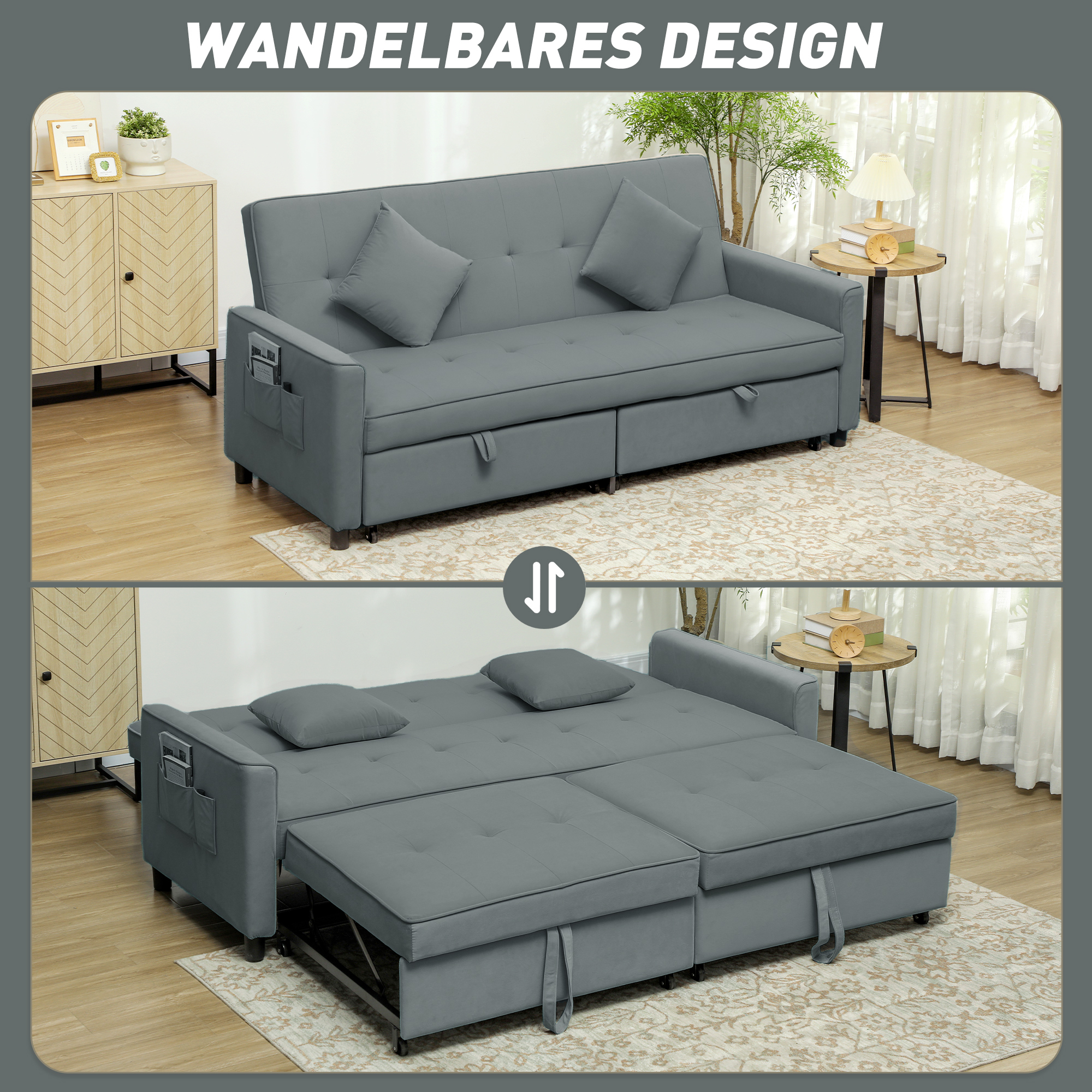 Sofabett, verstellbare 3-Sitzer-Couch mit Bettfunktion, Schlafsofa mit ausziehbarem Bett, Kissen, Grau