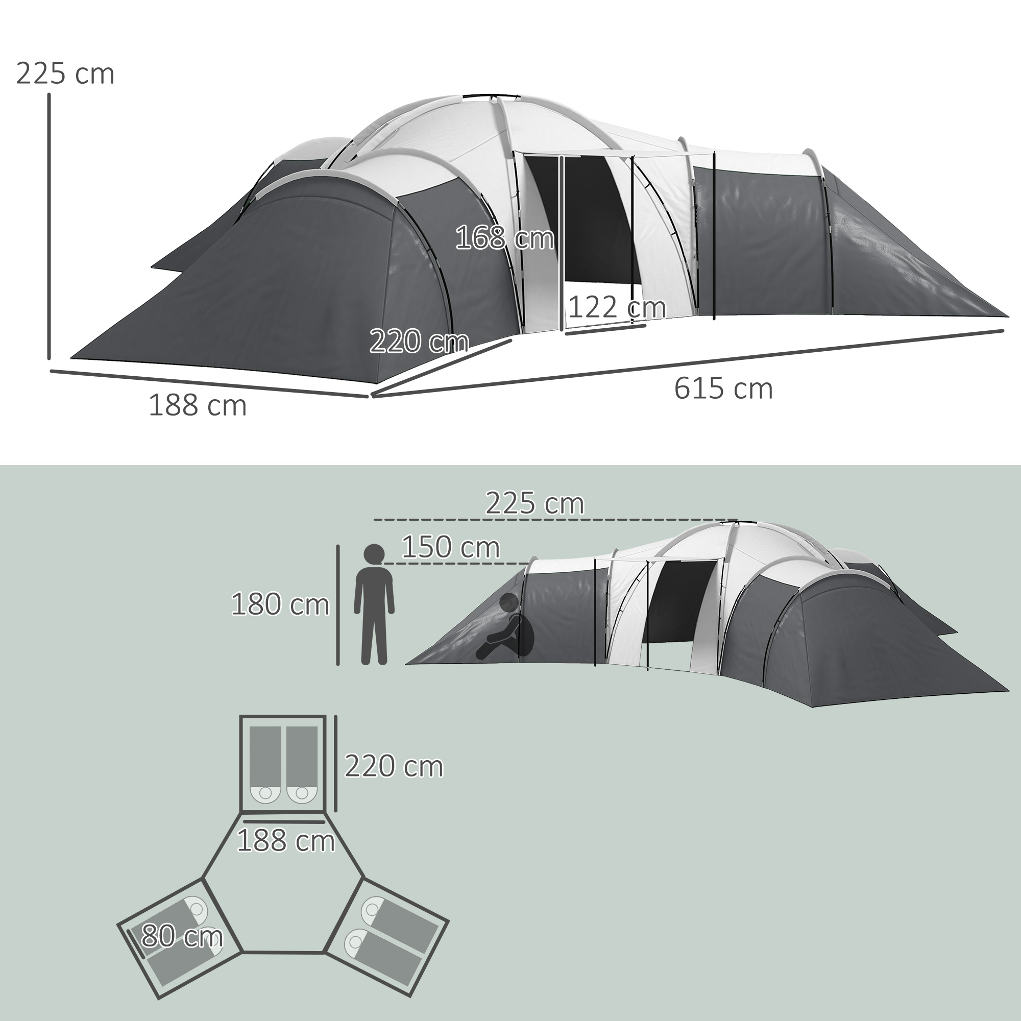 Campingzelt für 6-9 Personen, 4 Räume, Vorzelt, wasserdicht, 615x 615x225cm, Grau