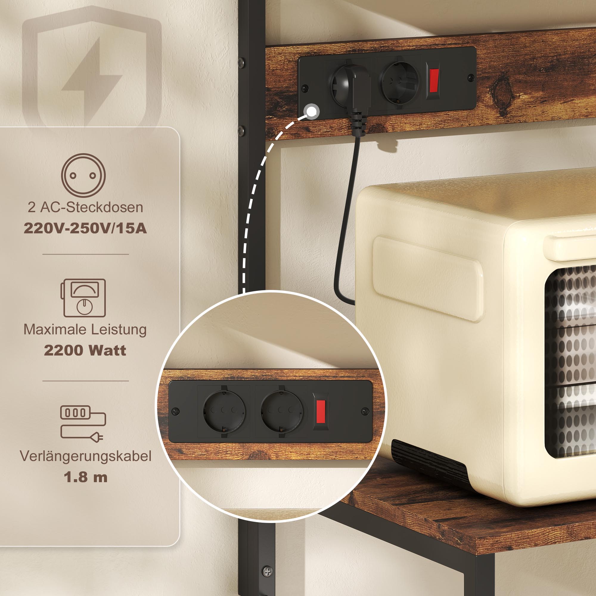 Küchenregal, Standregal mit 5 S-Haken, 5 Ablagen, Steckdose, aus Stahl, Rustikal-Braun, 60 x 42 x 153 cm