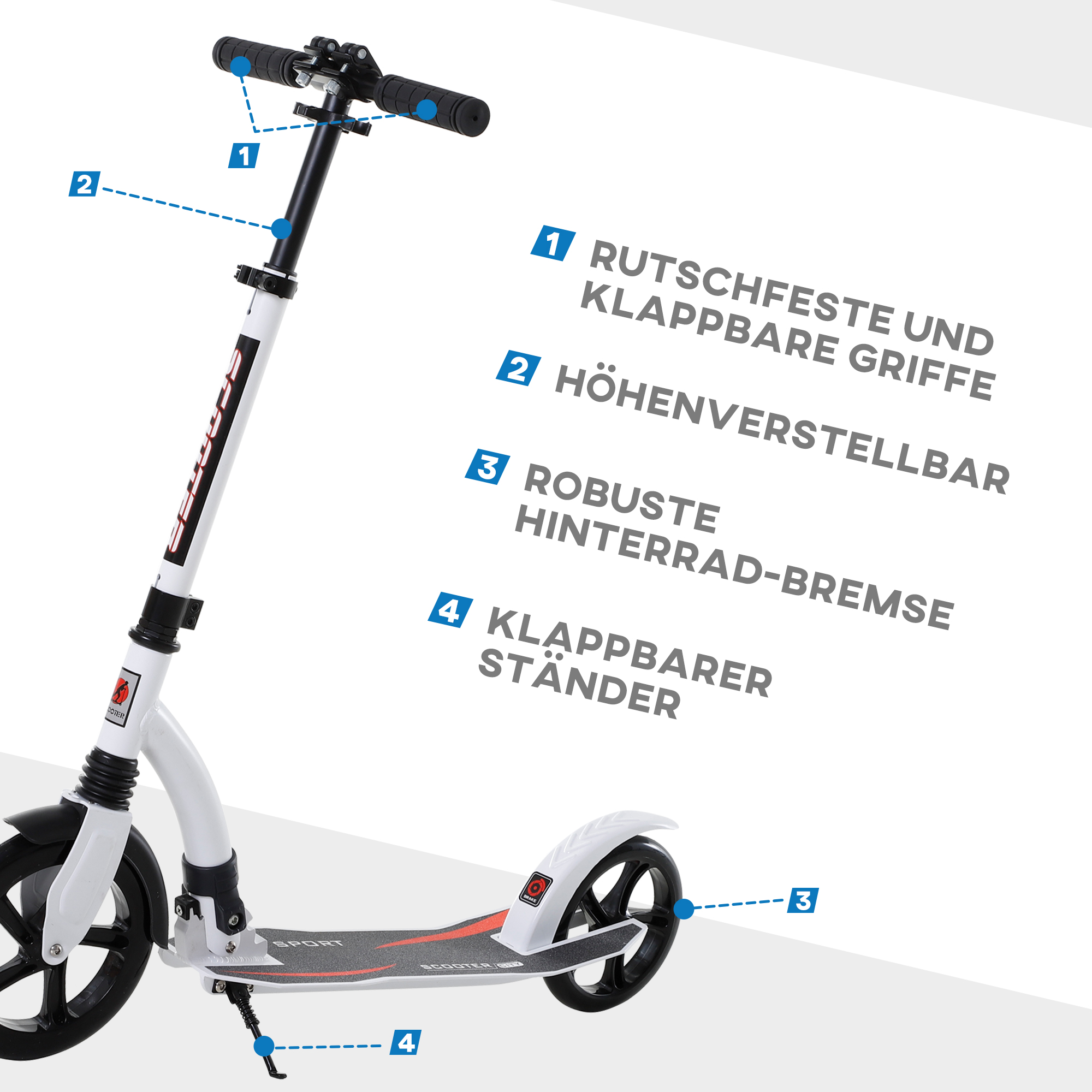 Kinderscooter, Kickscooter mit Stoßdämpfung, Tretroller, Klappbar und Höheverstellbar, ab 14 Jahren, Aluminium, Weiß, 92,5 x 37,5 x 82-97 cm