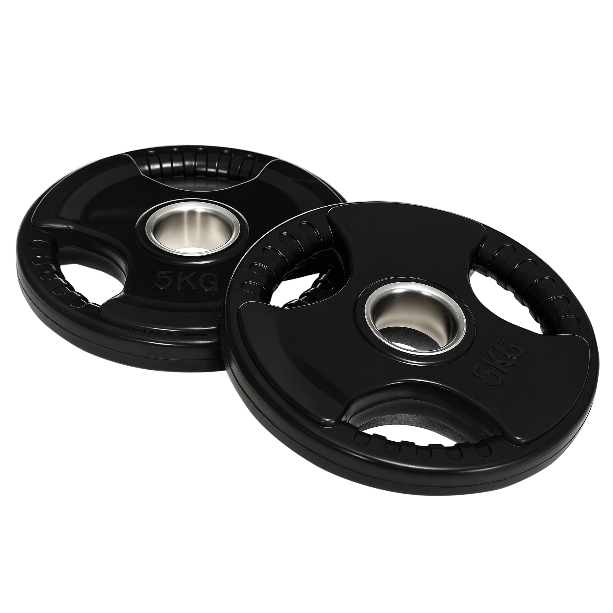 Hantelscheibe, 2er-Set, 5 kg pro Scheibe, drei Griffe, bodenschonender Gummimantel, Metall
