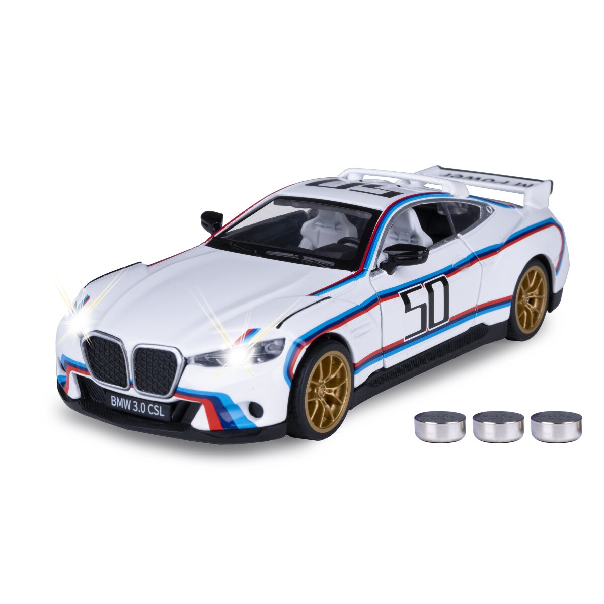 BMW 3.0 CSL Diecast 1:34 weiß inkl. Knopfzellen