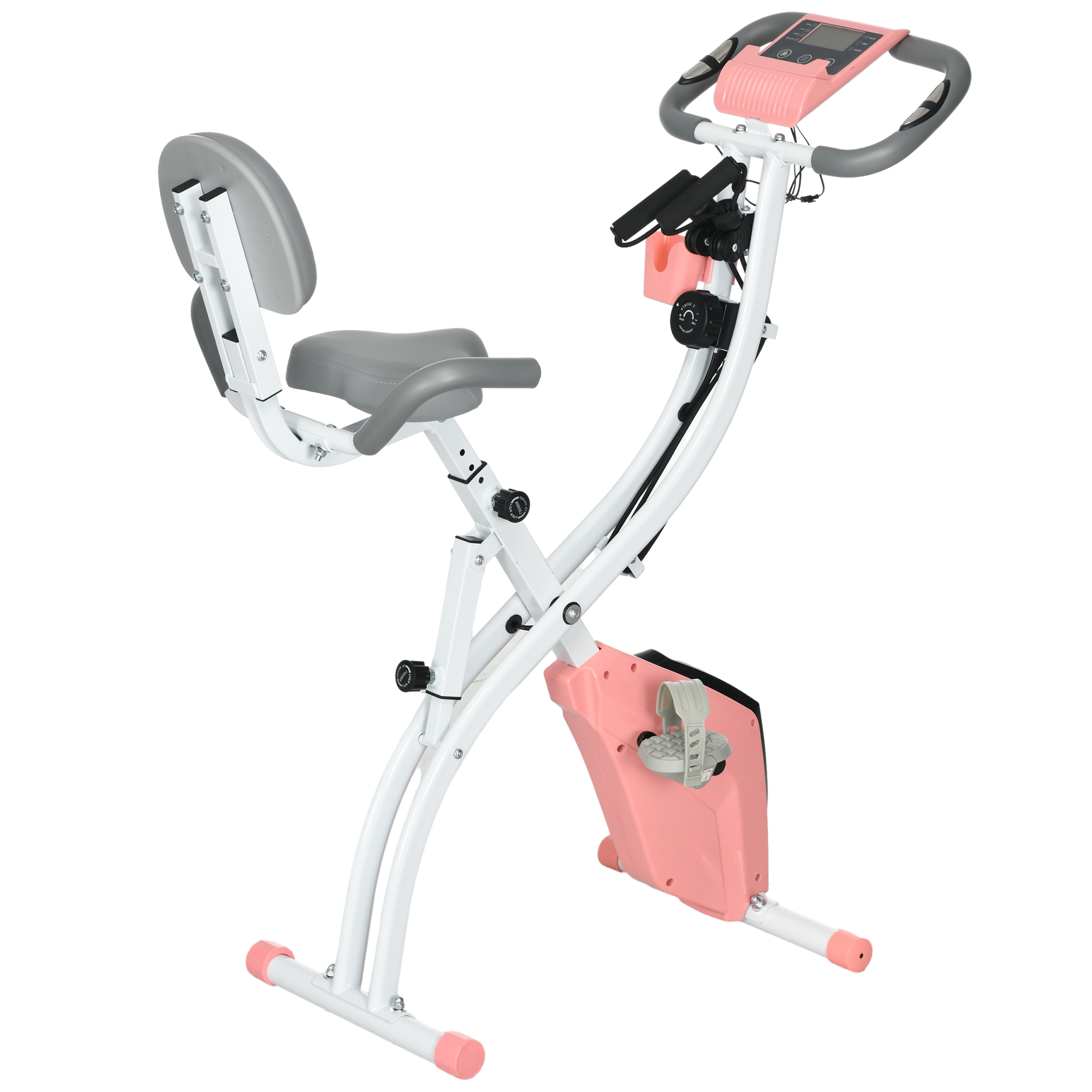 Heimtrainer X-Bike 2-in-1 Fahrradtrainer mit LCD-Display,Pulsmesser, klappbarer Hometrainer Trimmrad mit 8 stufig Magnetwiderstand, 1 Paar Spannseil, Stahl Rosa 105x48x118 cm