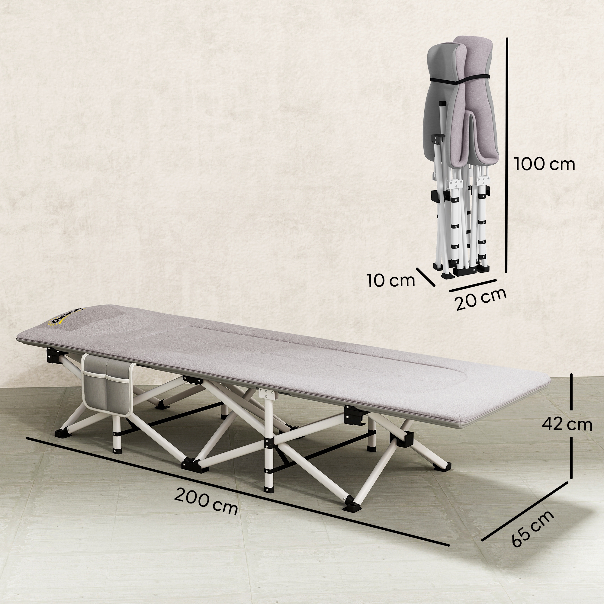 Feldbett, Campingbett, klappbar, weich, bis 200 kg, rostfreies Metallgestell, 200x65x42cm, Grau