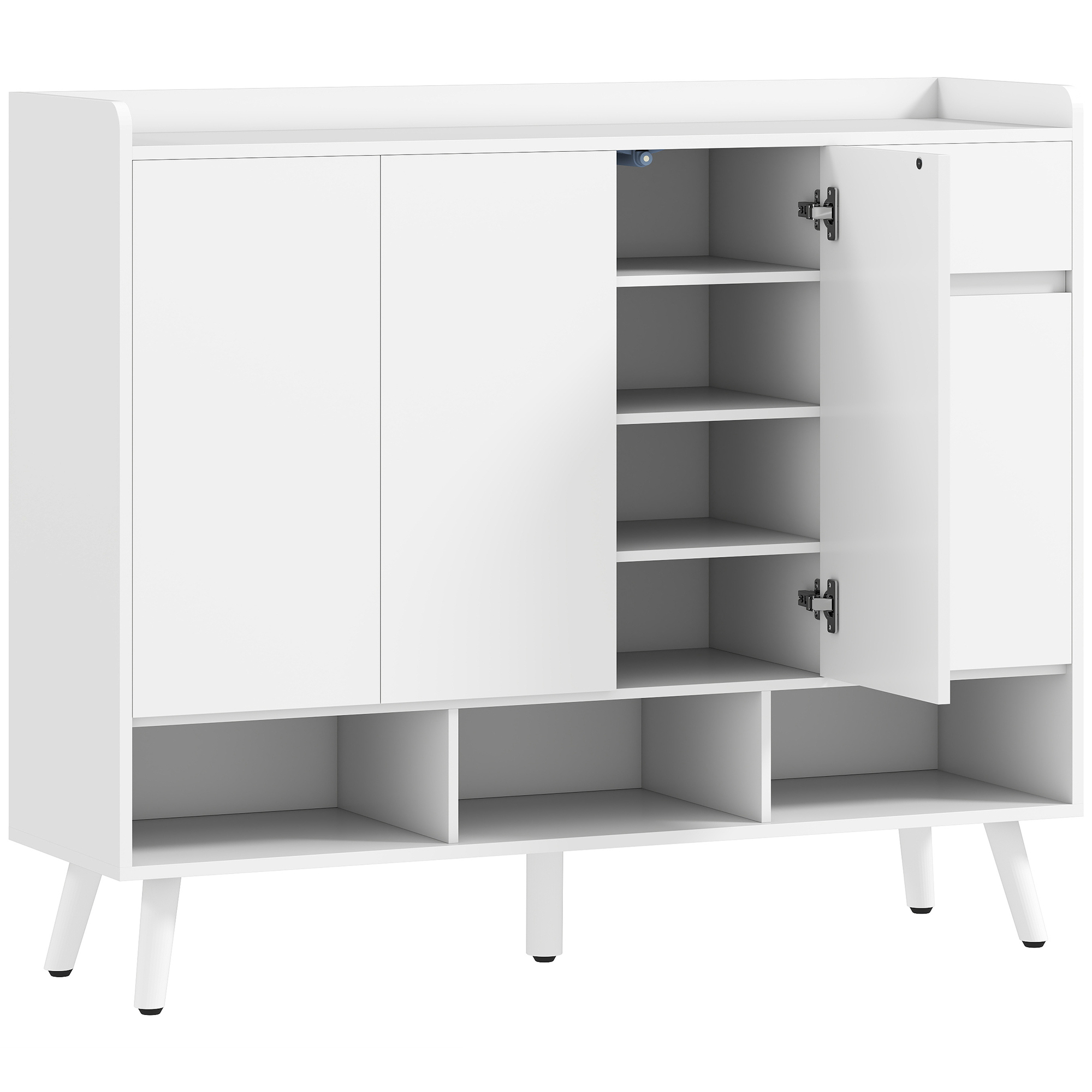 Schuhschrank mit grifflosem Design, 4 Türen, 4 verstellbare Regale, freistehendes Schuhregal mit 5 Holzbeinen, Holz, Weiß