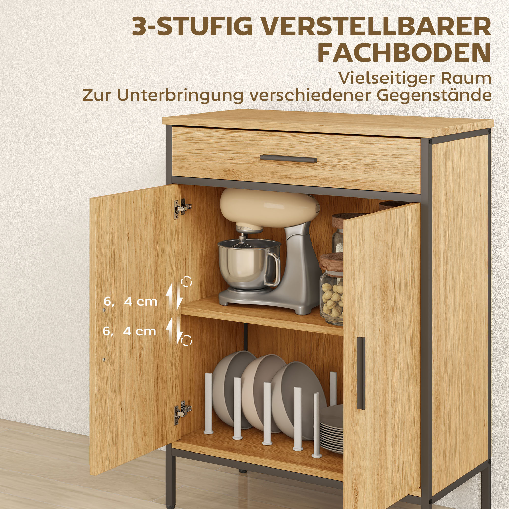 Badezimmerschrank, zweistufige Regale, große Schublade, Industriestil, Eichenoptik