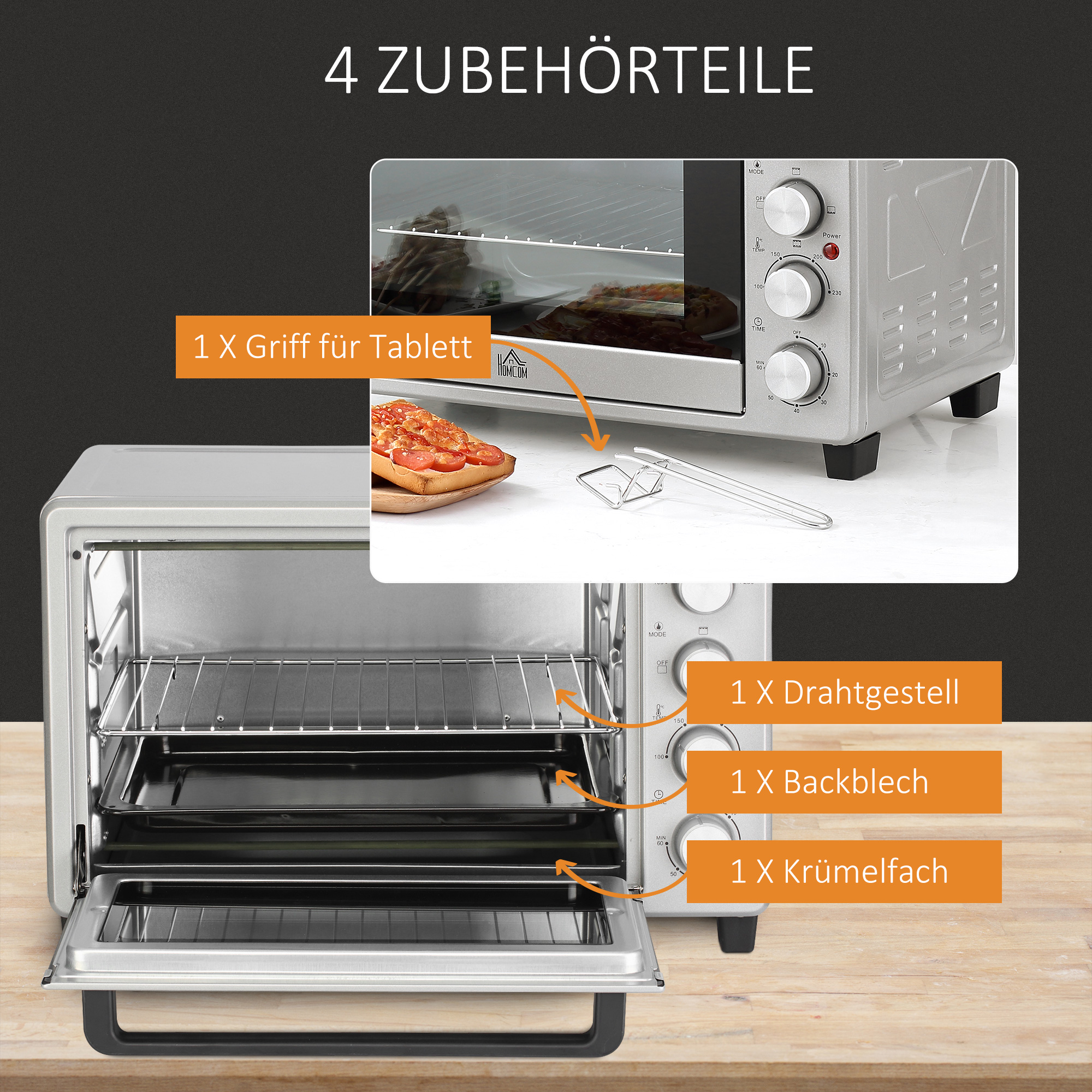 Mini Backofen 32L 100 °C-230 °C 1600 W Mini Ofen mit Backblech Krümelblech Grillrost und 3 Kochmodi Pizzaofen mit Timer Backblech-Griff Edelstahl Silber