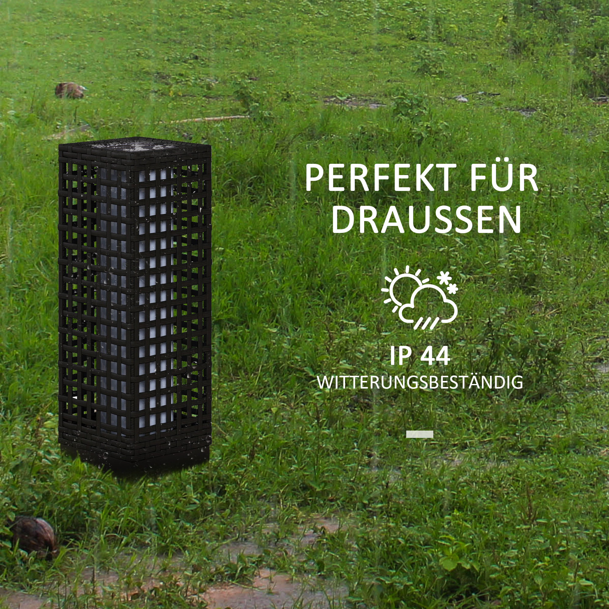 Außenleuchte mit Solarmodul, Einschaltautomatik, 8 h Betriebszeit, Rattanoptik, Stahl, 15,5 x 15,5 x 46 cm, Schwarz