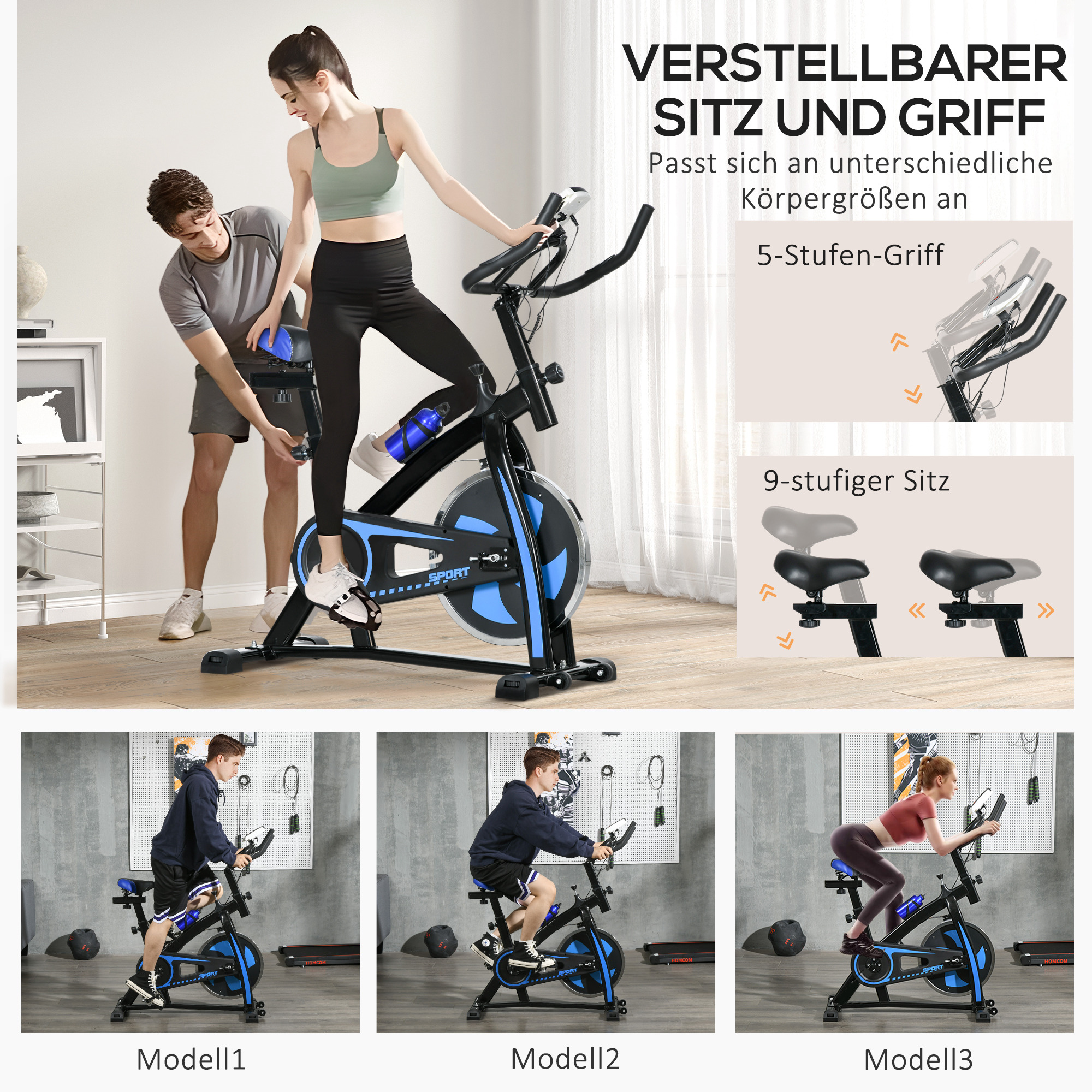 Heimtrainer, leise, anpassbarer Widerstand, Pulssensor, Monitor, Blau