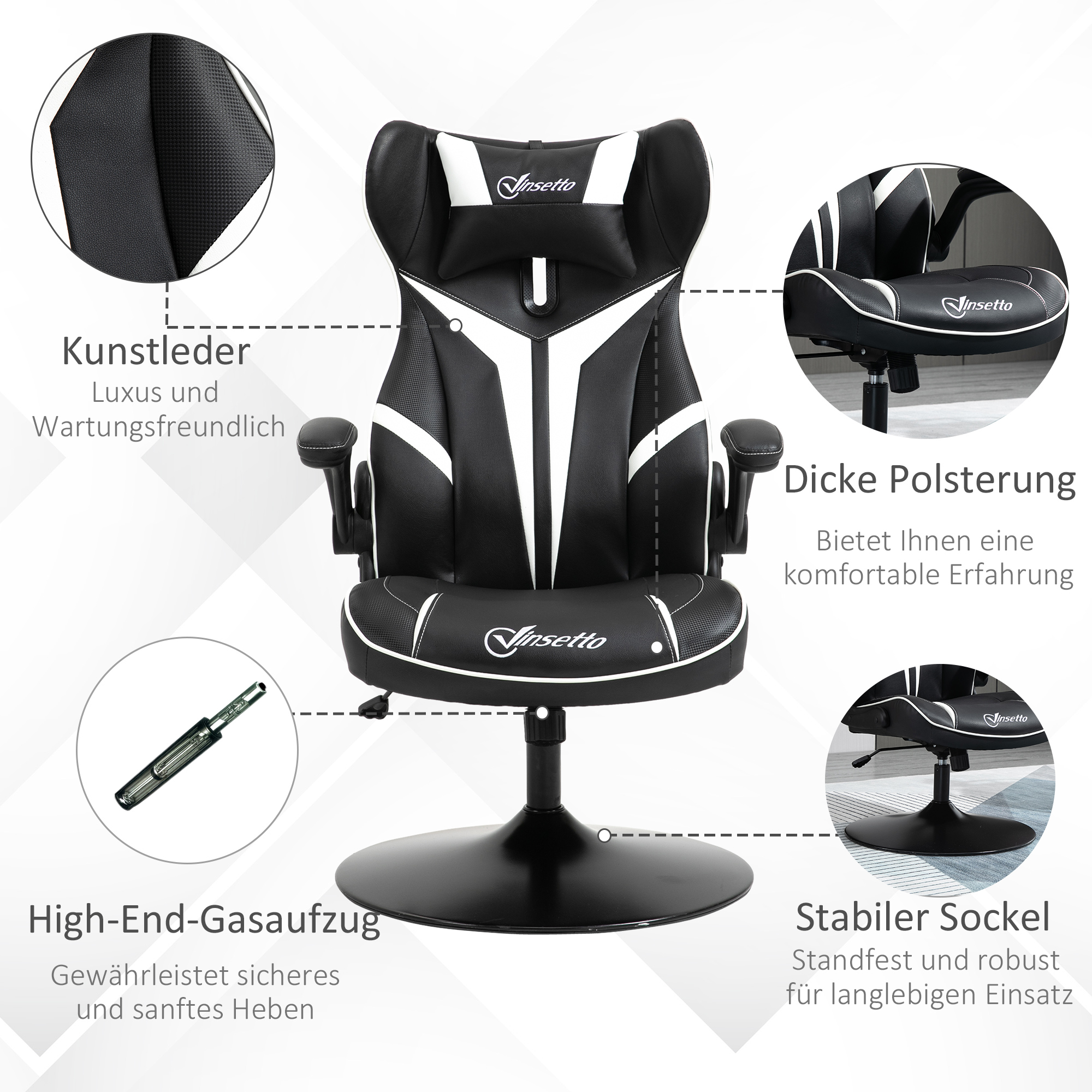 Gaming Stuhl ergonomischer Computerstuhl mit Wippfunktion Drehstuhl höhenverstellbar Stahl Schwarz+Weiß 67 x 70 x 106-112 cm