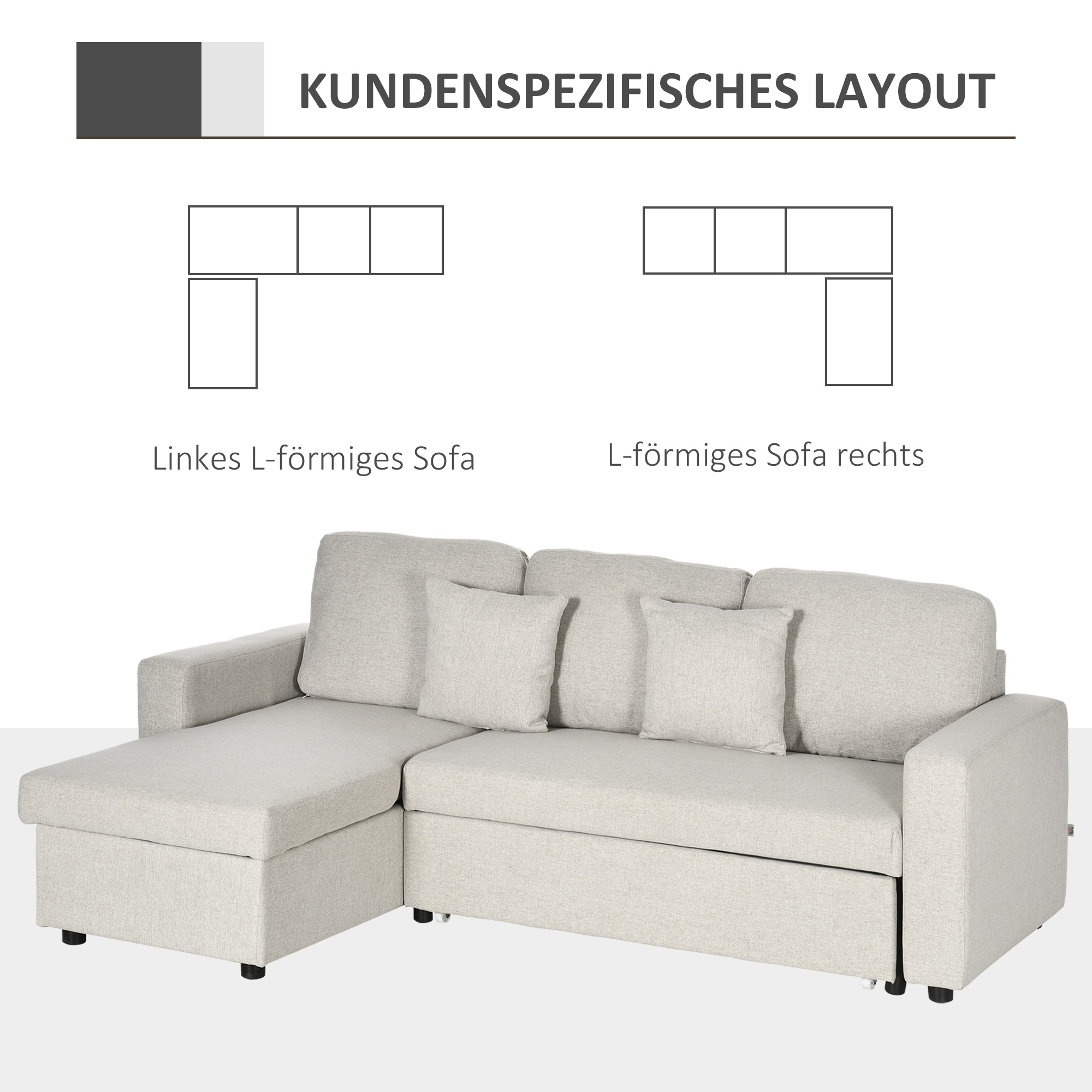 Ecksofa mit Bettfunktion, Eckcouch inklusive 2er-Sitz Sofa, Einzelbett, L-Form mit Stauraum, 2 Kissen Cremeweiß