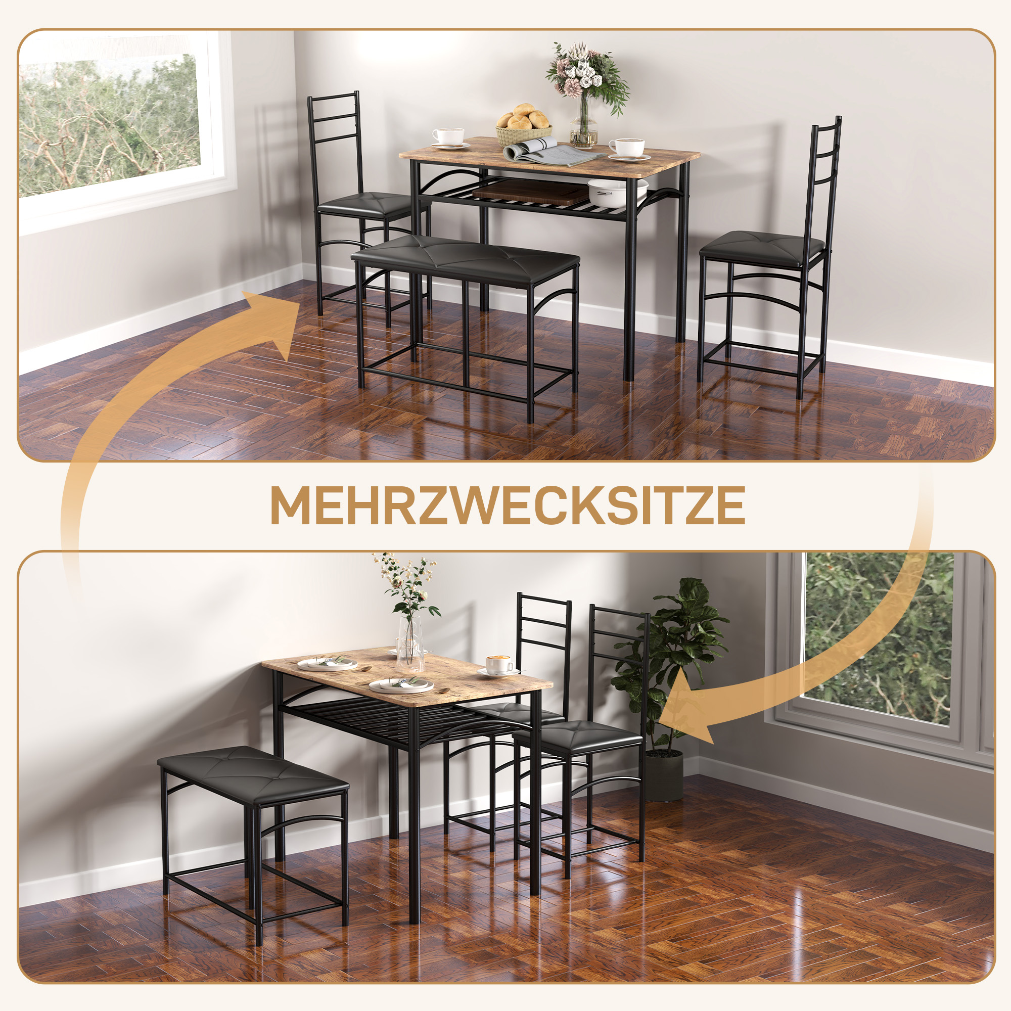 4-teiliges Esszimmer-Set, Platzsparendes Set aus Tisch, 2 Stühlen und Bank, für kleine Räume, Metall, Holz, Braun