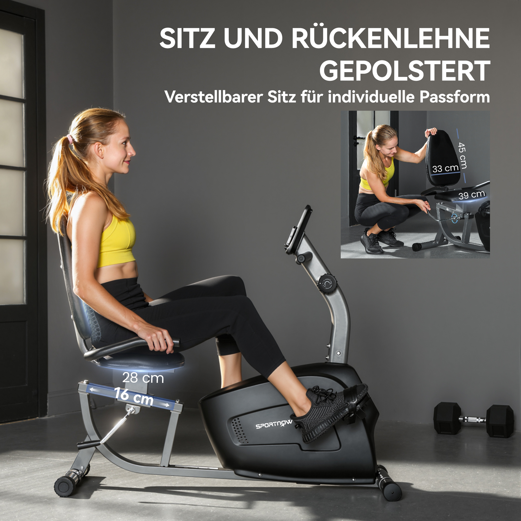 Heimtrainer, Magnet-Liegerad, 8 Widerstandsstufen, verstellbar, LCD-Monitor, Metall, Kunststoff, Schwarz