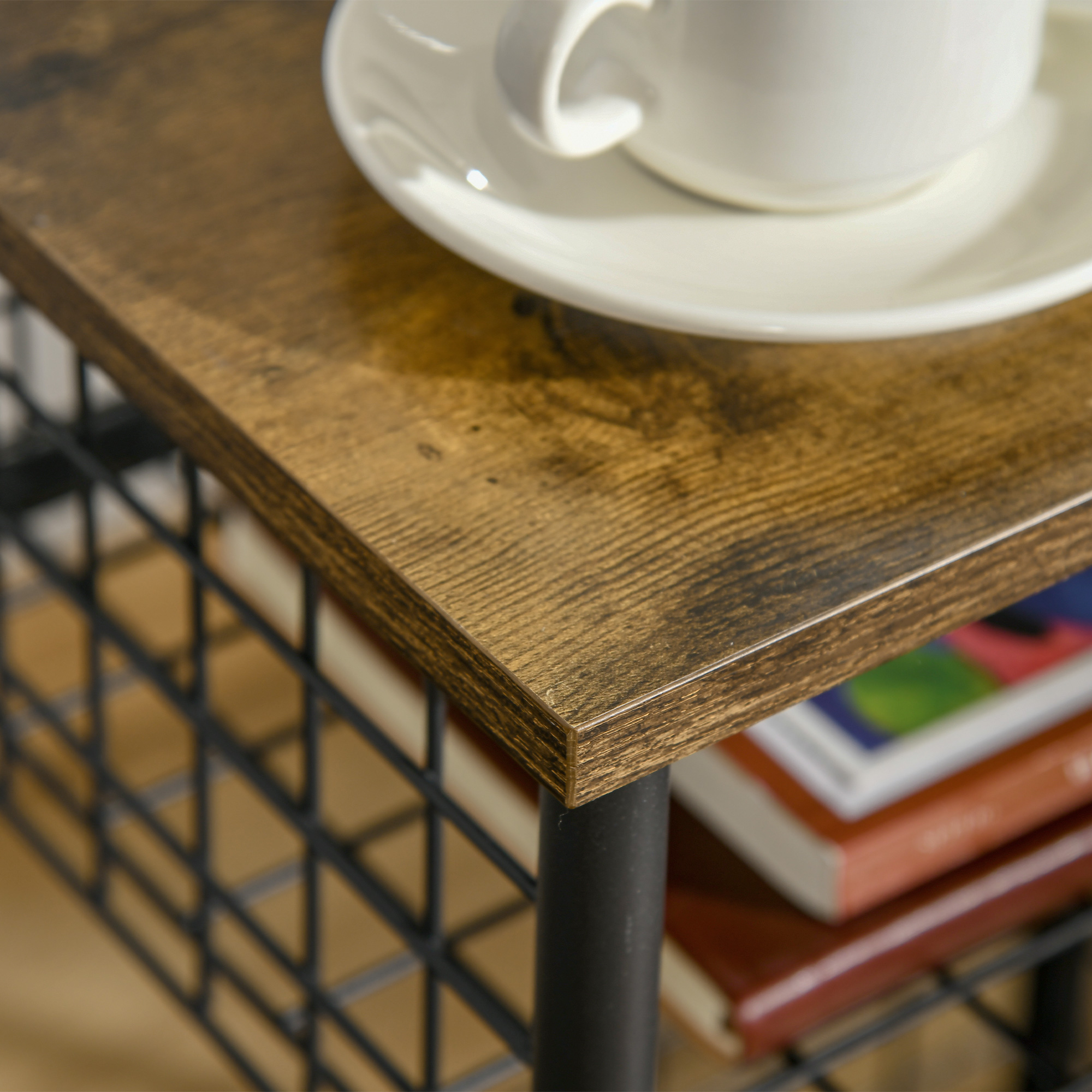 Küchenwagen im Industriedesign 1 Regal 1 Aufbewahrungskorb 4 Räder 40 cm x 30 cm x 62 cm Stahl Schwarz + Braun