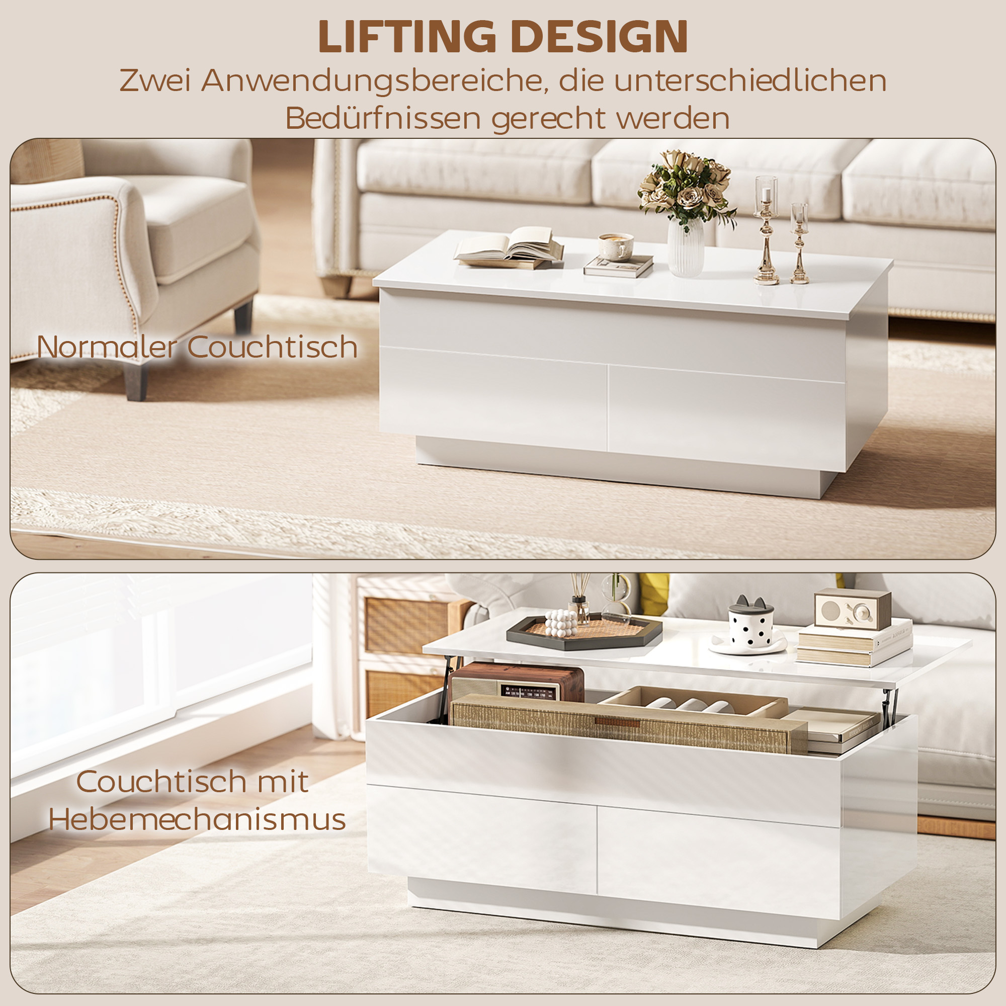 Couchtisch Höhenverstellbar, Moderner Wohnzimmertisch mit verstecktem Stauraum und 2 Schubladen, Hochglanz Weiß