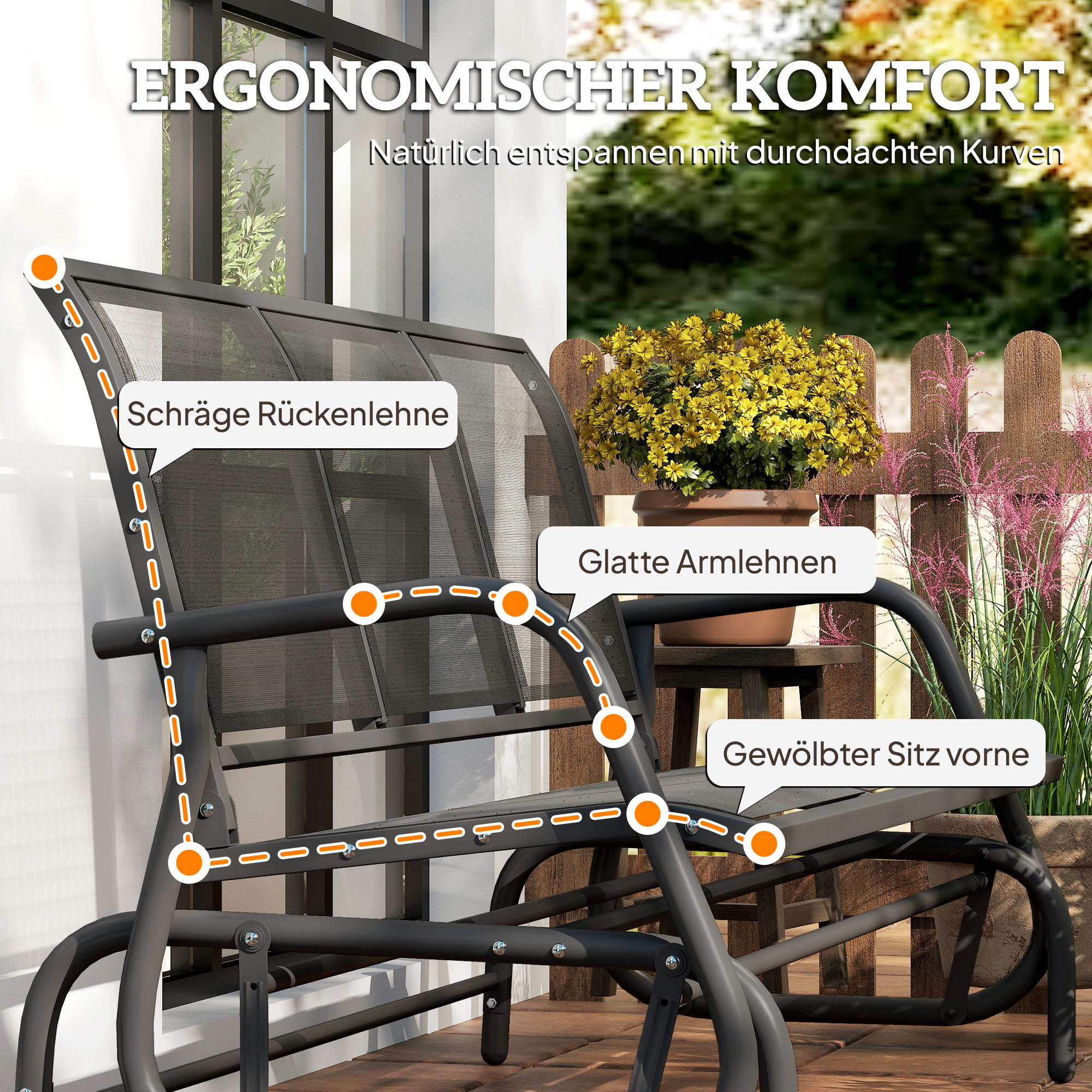 3-Sitzer Schaukelstuhl Gartenbank mit Schaukelmechanismus Gartenschaukel Sitzbank aus Metall Parkbank bis 300 kg belastbar Gartenmöbel für Garten, Terrasse, 147 x 70 x 85 cm Dunkelgrau