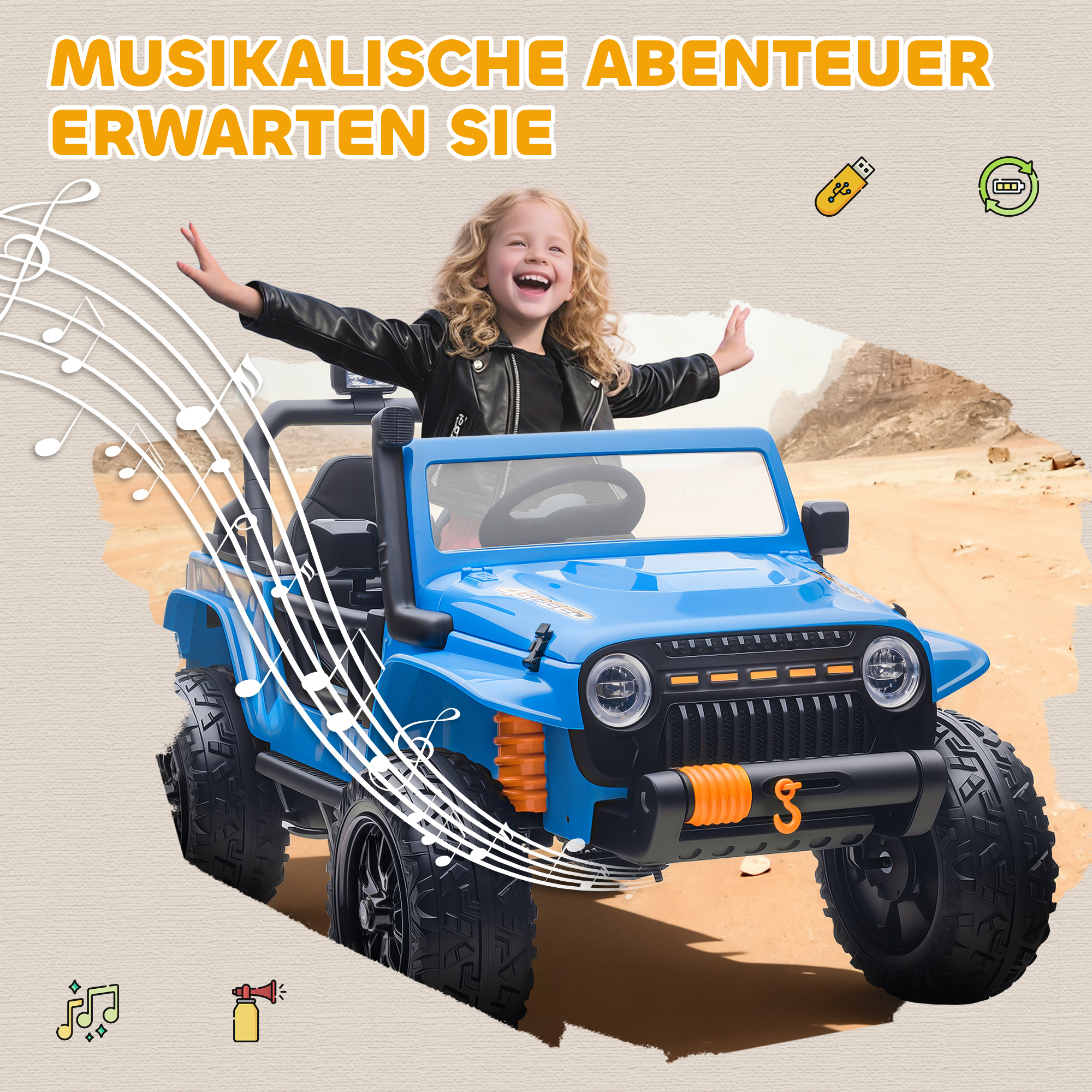 Elektrofahrzeug für Kinder, 12V Batterie, mit Eltern-Kind-Sitz, fernsteuerbar, Musik, Hupe, LED-Lichter, 3-8 Jahre, Blau