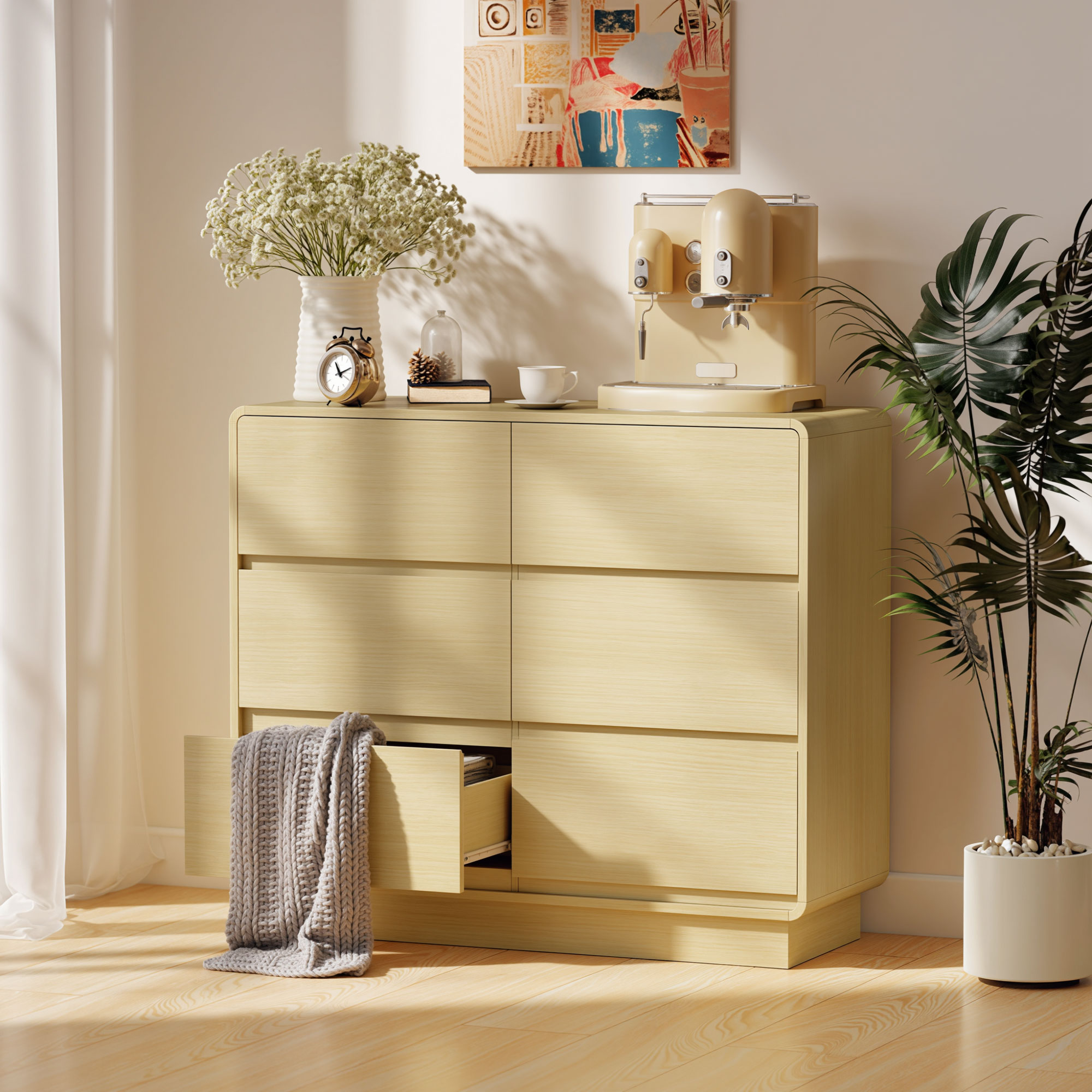 100 cm Sideboard, Buffetschrank mit 6 Schubladen, Kommode für Küche, Wohnzimmer, Esszimmer, Naturholz