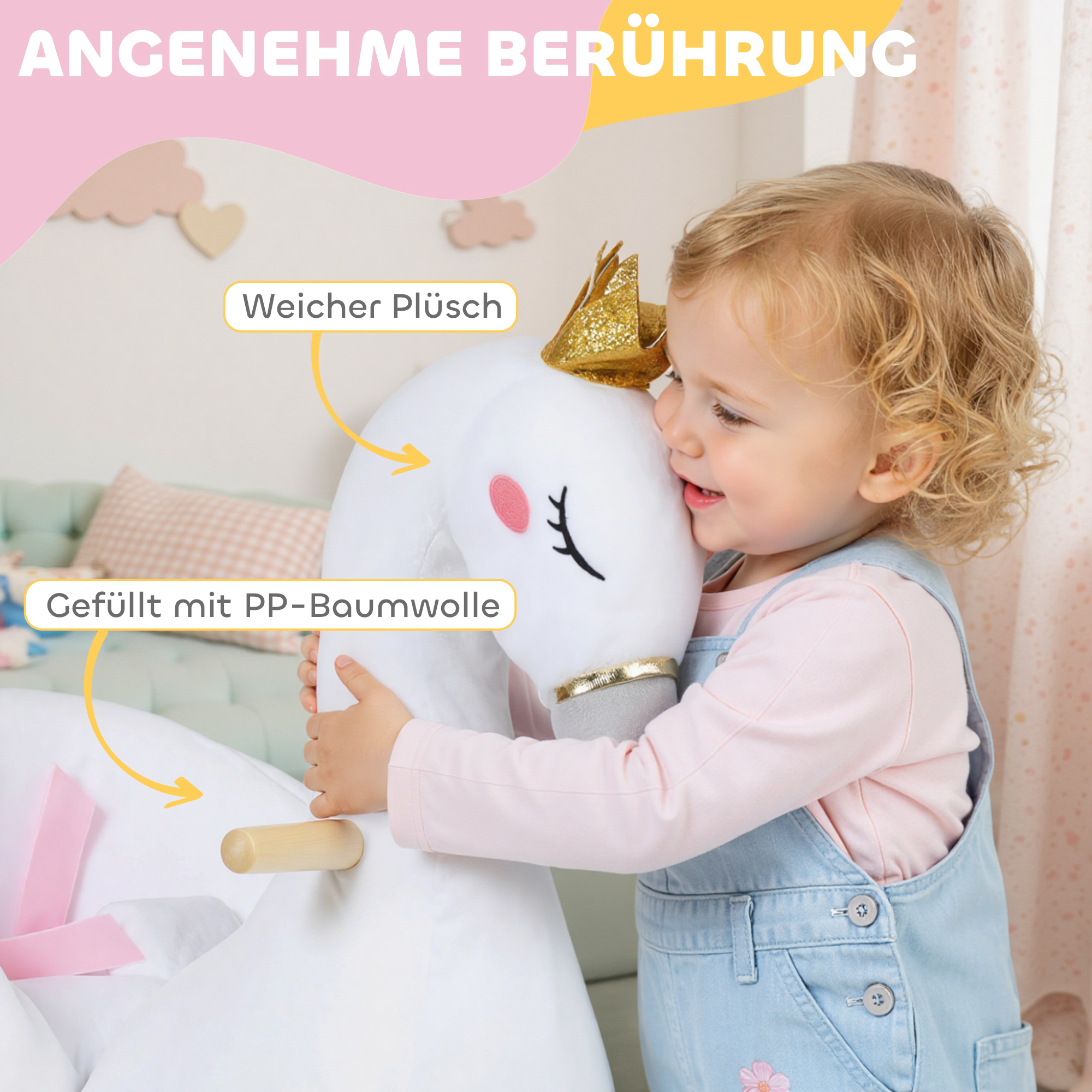 Schaukeltier, Schwan-Schaukel mit Schlaflied, weicher Füllung, Holzrahmen, für Kinder 1,5-3 Jahre, 65x40x68 cm, Weiß