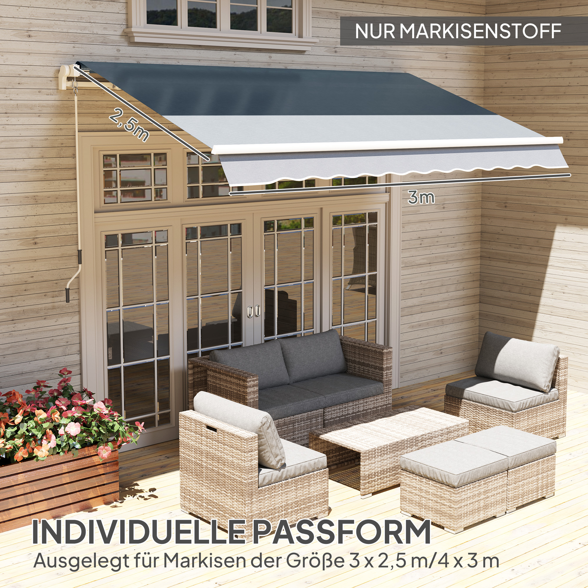 Markisenbespannung Markisenstoff mit Volant Wasserabweisend Ersatzstoff für 3 x 2,5 m Markisen Grau