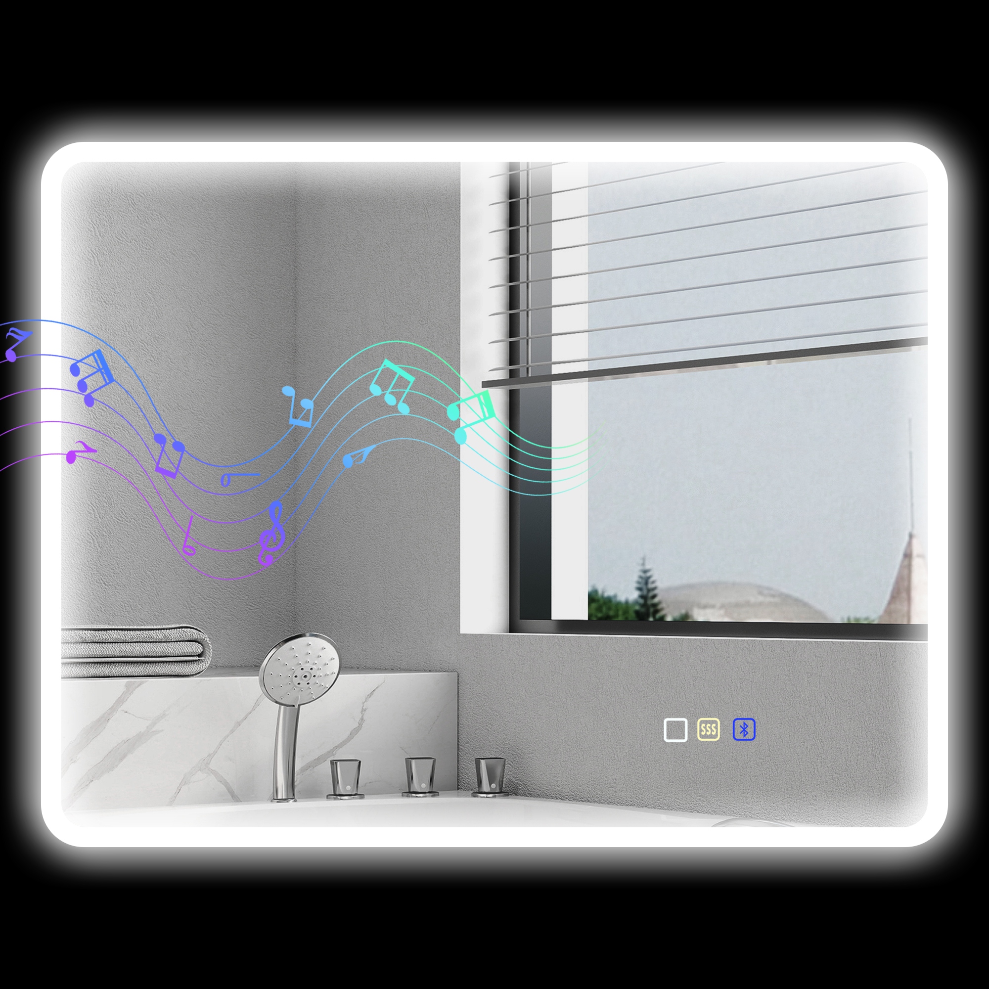 Badezimmerspiegel LED Bluetooth 70 x 90 cm Touchschalter Licht einstellbar 3 Farben Anti-Beschlag Speicher Silber