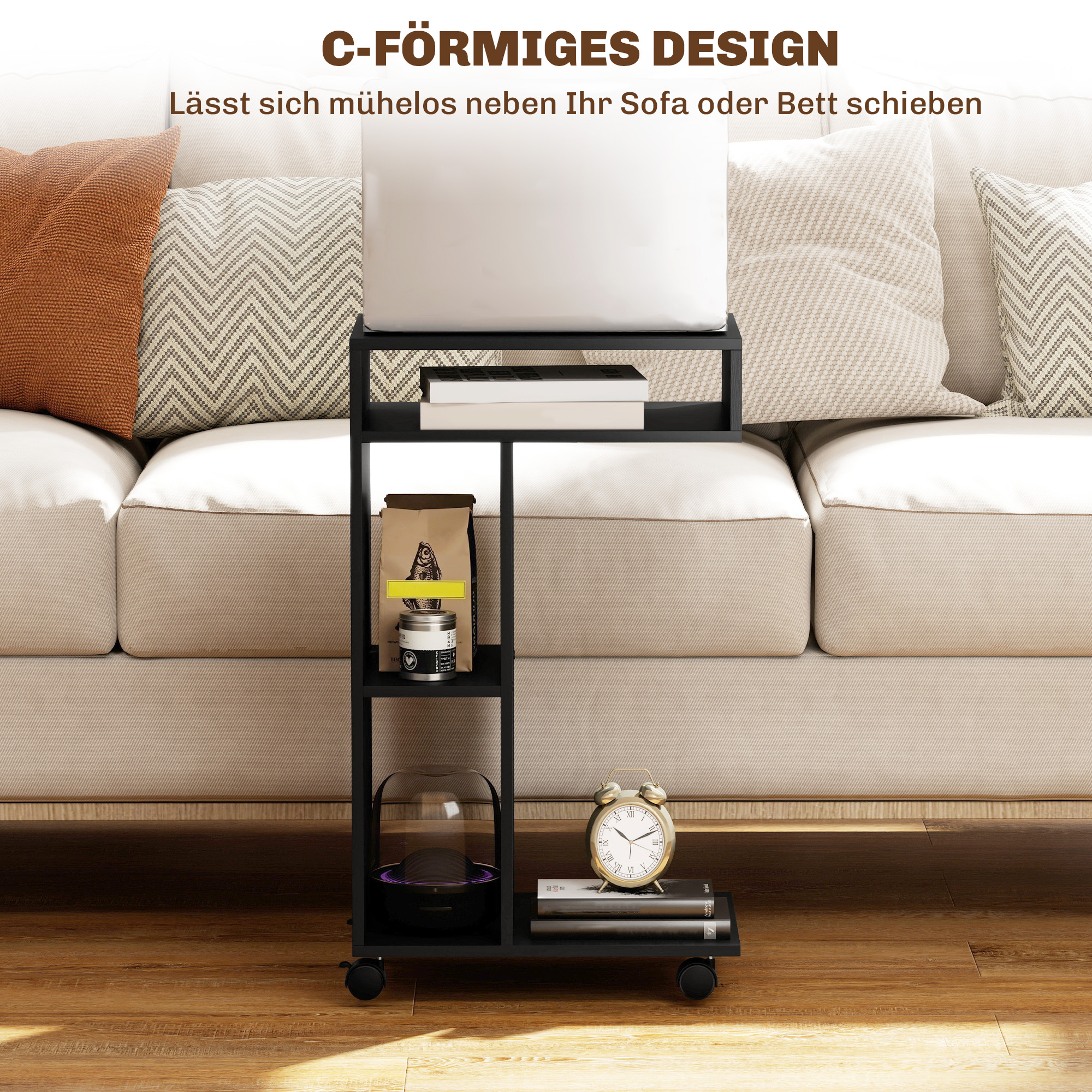 Beistelltisch, C-förmiger Servierwagen, 4 Rollen, 3 Fächer, 40 x 30 x 69 cm, Schwarz