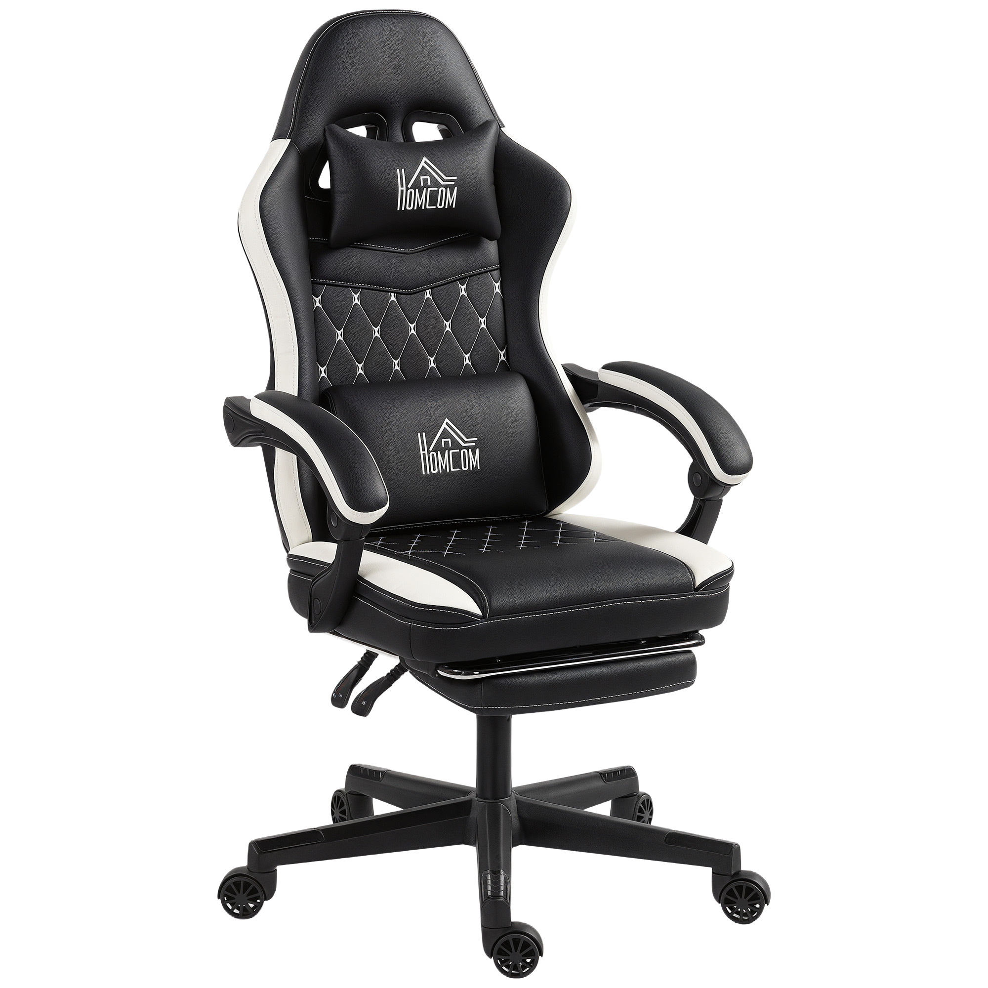 Gaming-Stuhl mit Fußstütze, Computerstuhl mit Kopfstütze & Kissen, Kunstleder-Bezug, drehbar, höhenverstellbar, Metall, Kunststoff, Schwarz+Weiß Gaming-Stuhl mit Fußstütze, Computerstuhl mit Kopfstütze & Kissen, Kunstleder-Bezug, drehbar, höhenverstellbar, Metall, Kunststoff, Schwarz+Weiß