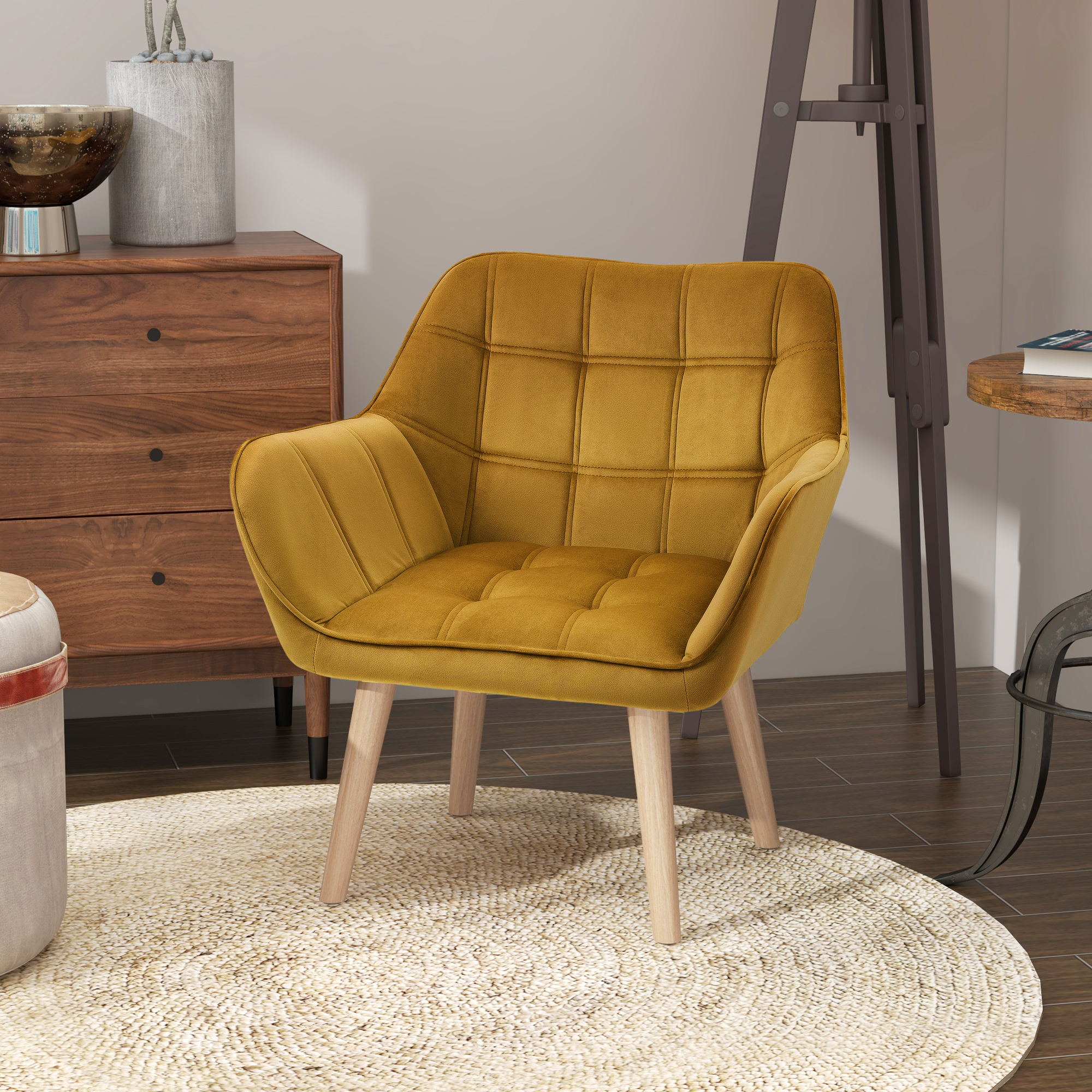 Polstersessel, Akzentsessel, Skandi Design, Samtoptik, bis 120 kg, Kautschukholzbeine, Gelb