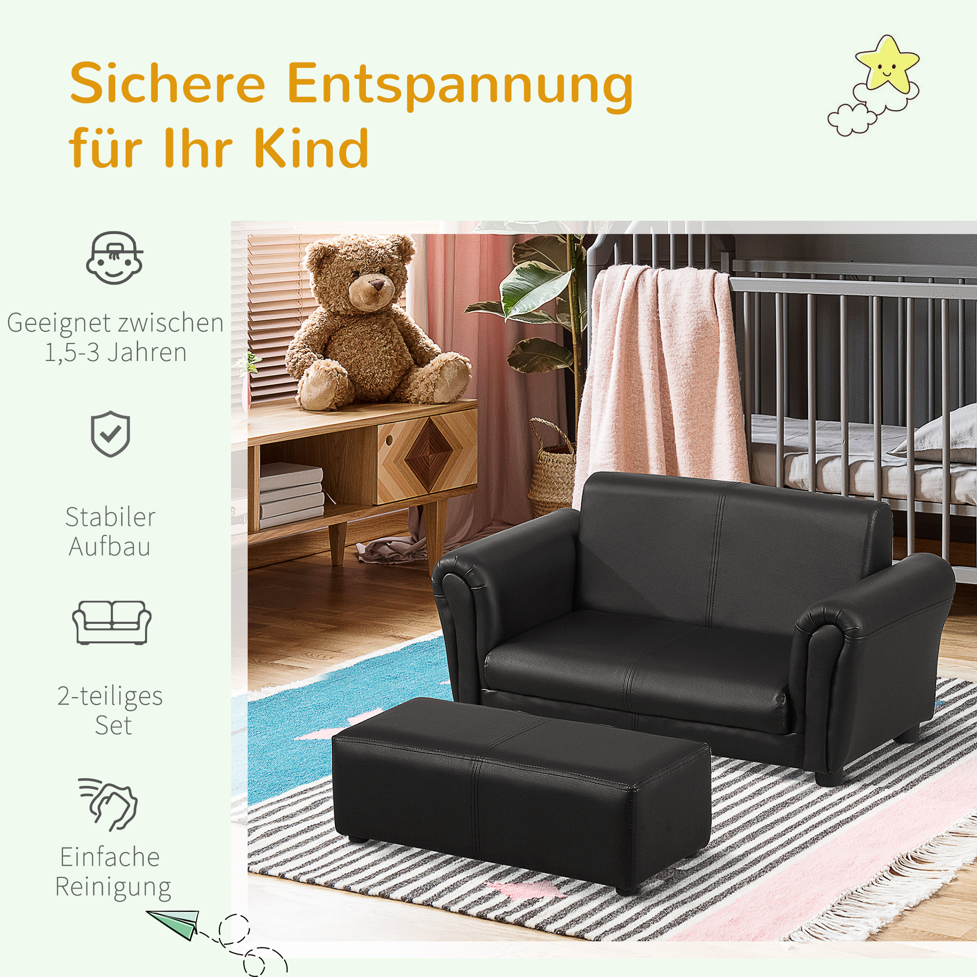 Kindersessel mit Fußhocker, Kindercouch mit Hocker, Kindersofa, Sofa Sessel, Schwarz, 83 x 42 x 41 cm