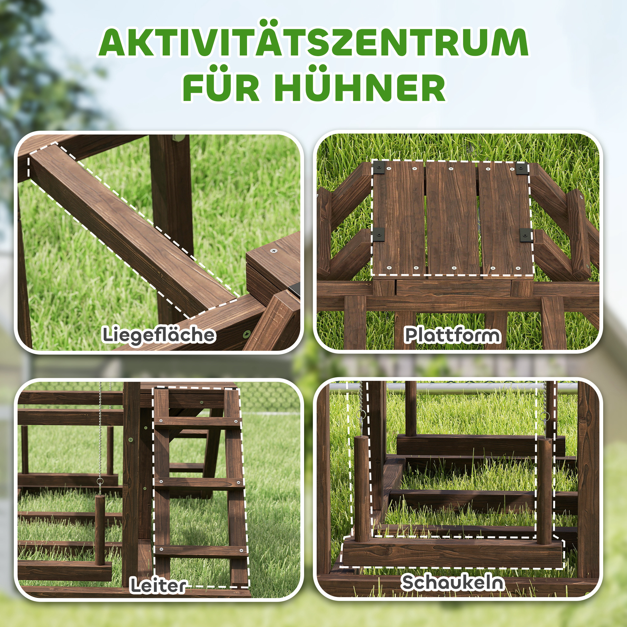 Hühnergestell, Sitzstangen, Rampen, Schaukeln, für 2-3 Hühner, Holz, Braun