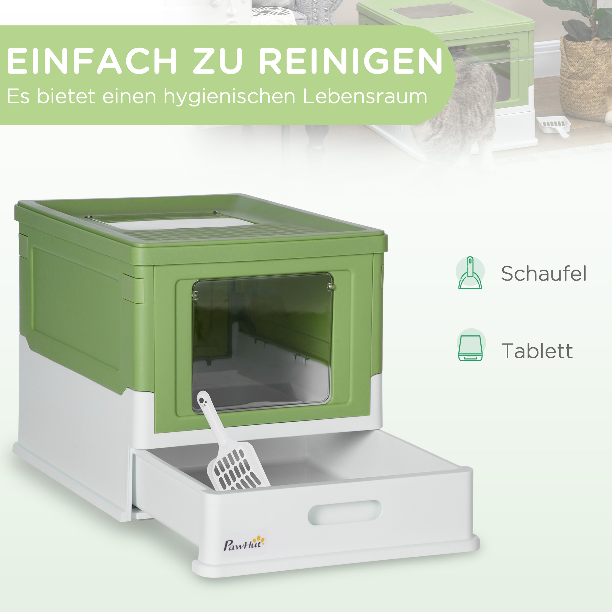 Katzentoilette, klappbar, 2 Türen, Streuschaufel, 47,5x35,5x36,7cm, Weiß/Grün